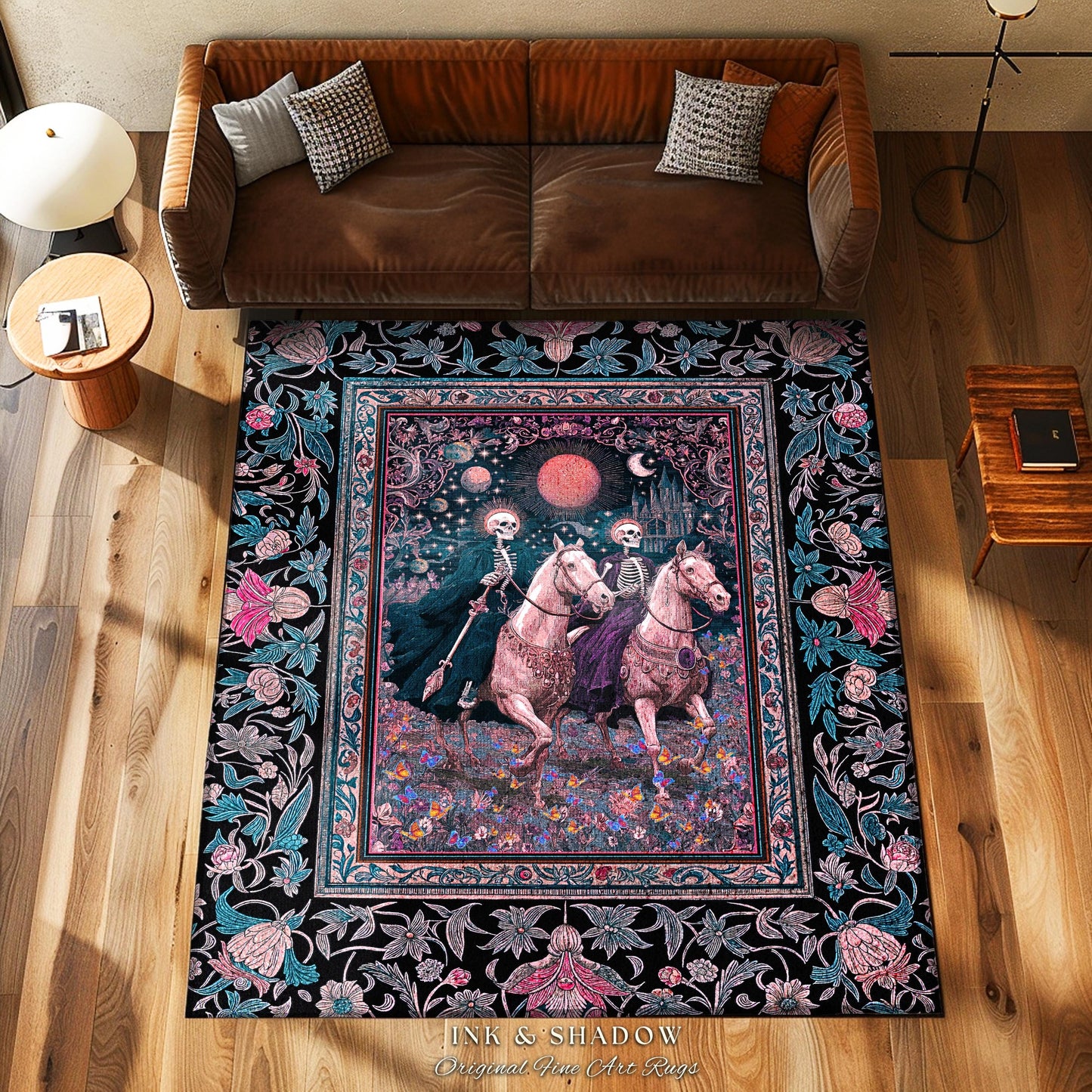 Dreamy Gothic Pastel Skeleton Rug | Celestial Horseman Baroque Fairytale Fantasy Whimsical Macabre Floral Bedroom Accent Mystic Home Decor |