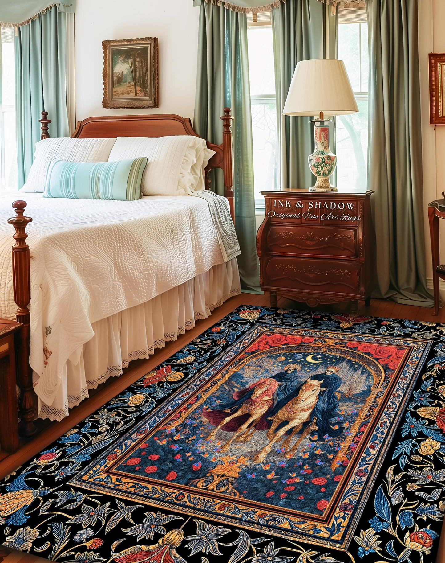 Rose Archway Horseback Skeletons Area Rug | Celestial Moonlit Gothic Romance Moonlight Baroque Floral Couple Regal Bedroom Accent Whimsical