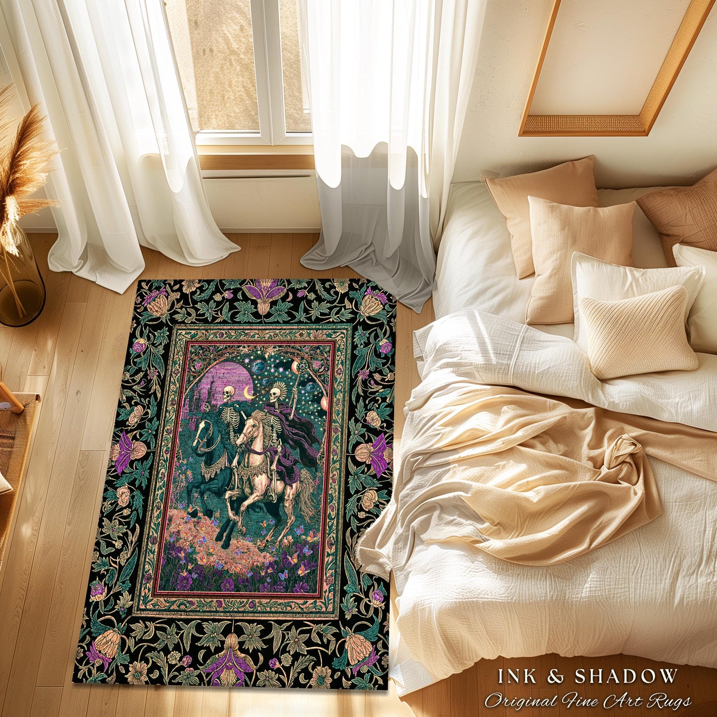 Moody Purple Moonlight Skeleton Rug | Enchanted Fairytale Scene Baroque Romance Celestial Castle Gothic Bedroom Accent Pastel Floral Decor