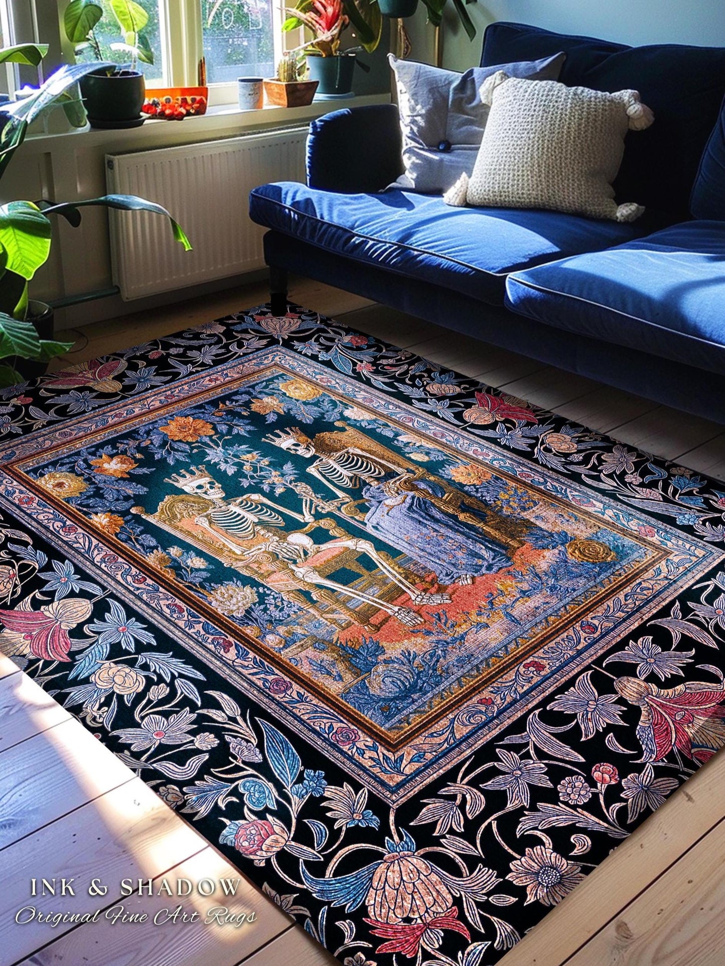Autumnal Skeleton Lovers Mystic Rug | Baroque Gothic Bedroom Maximalist Floral Fairytale Celestial Couple Whimsical Accent Tarot Aesthetic |
