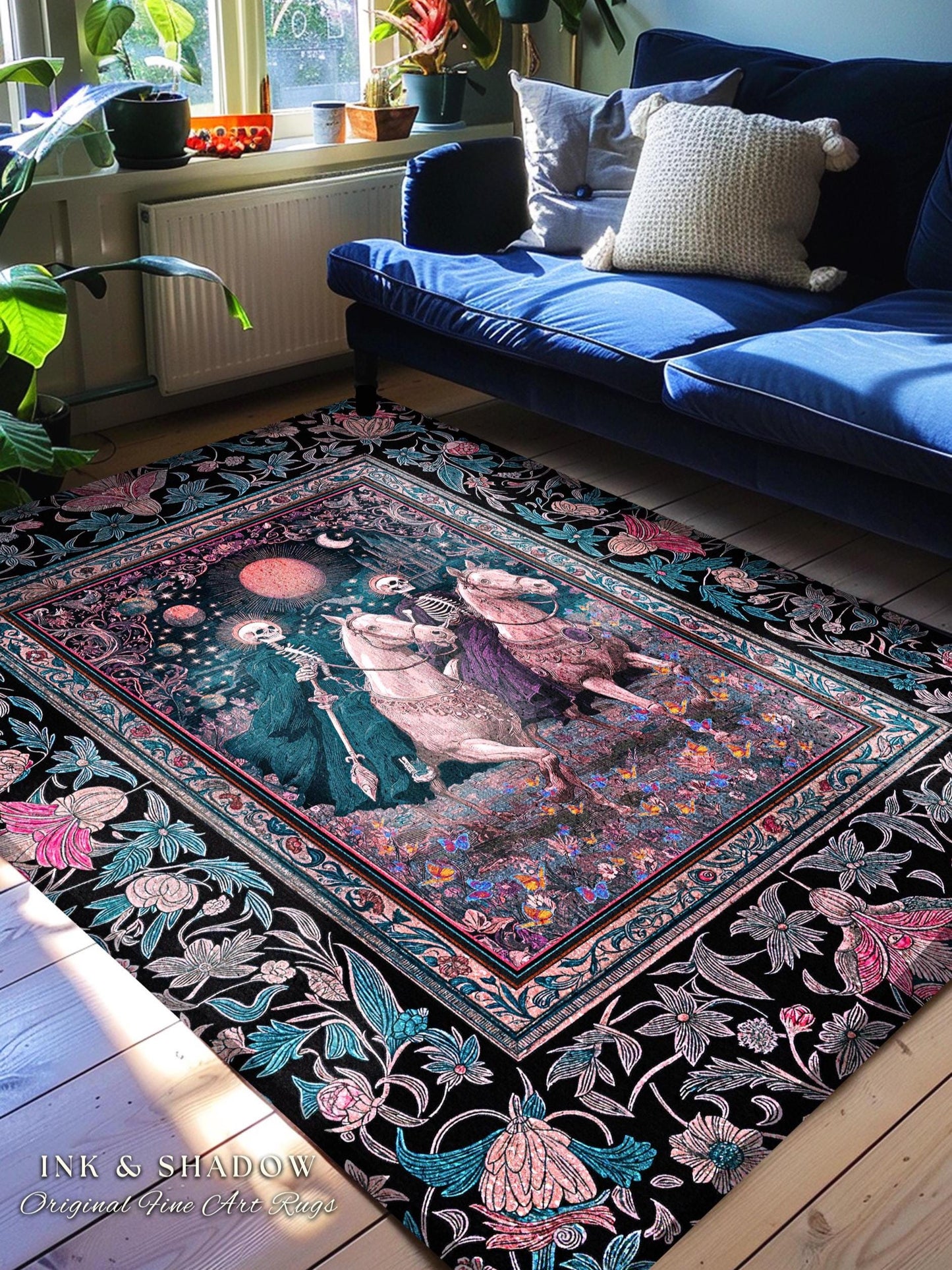 Dreamy Gothic Pastel Skeleton Rug | Celestial Horseman Baroque Fairytale Fantasy Whimsical Macabre Floral Bedroom Accent Mystic Home Decor |