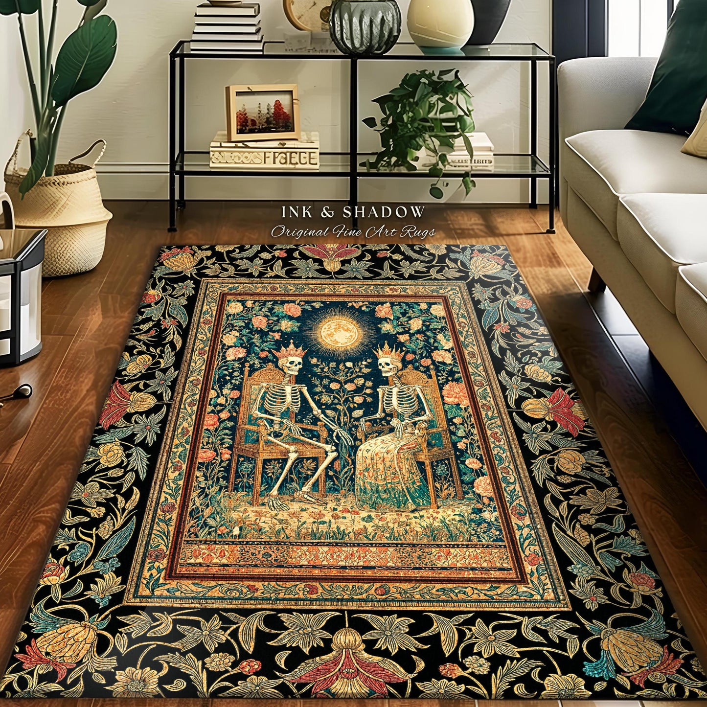 Mystic Garden Skeleton Lovers Rug | Baroque Crowned Couple Gothic Magic Celestial Aesthetic Sunlit Throne Mystical Floral Accent Rug Tarot