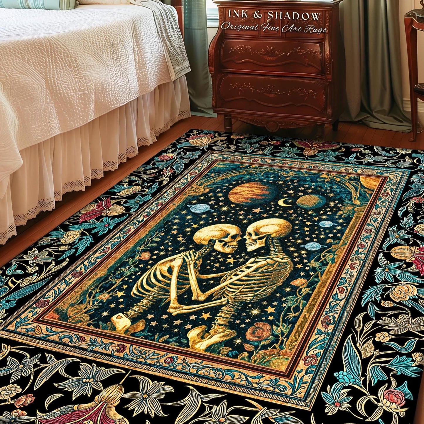 Enchanted Moonlit Skeleton Area Rug | Whimsical Baroque Macabre Couple Accent Rug Celestial Gothic Romance Whimsical Bedroom Enchantment |