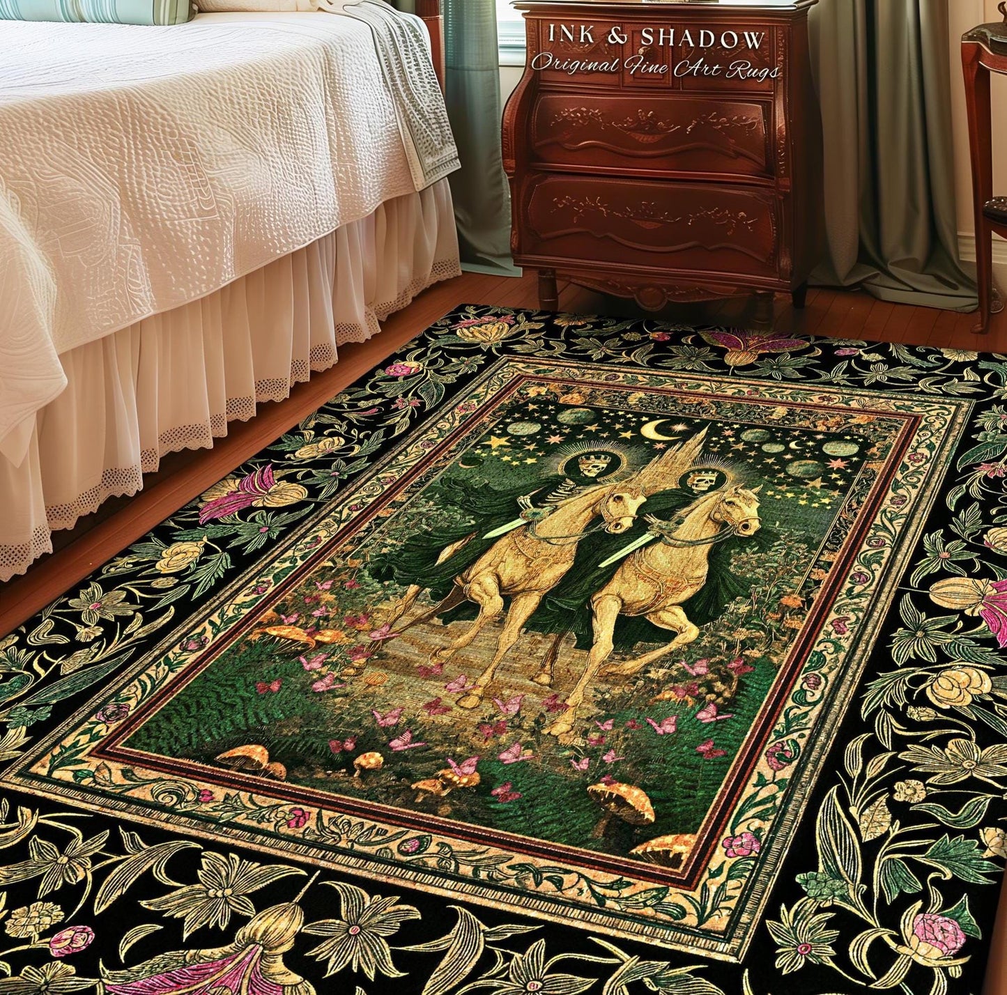 Royal Skeleton Riders Area Rug | Gothic Horsemen Crowned Skeleton Couple Baroque Fantasy Floral Greenery Celestial Whimsical Bedroom Accent