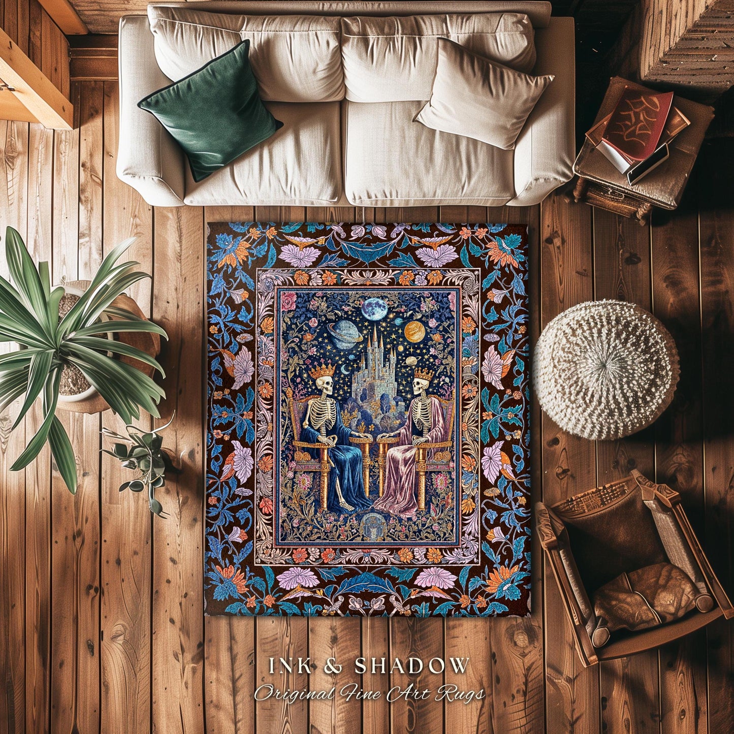 Maximalist Skeleton Royals Pastel Area Rug | Castle Couple Celestial Gothic Moonlit Fairytale Scene Baroque Floral Crowned Lovers Accent Rug