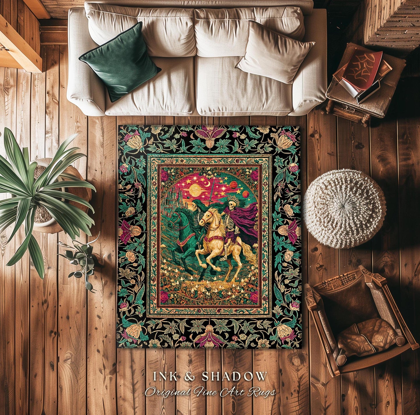 Magic Whimsical Skeleton Horsemen Rug | Gothic Celestial Landscape Castlecore Royal Couple Fantasy Baroque Bedroom Accent Rug Macabre Dreamy