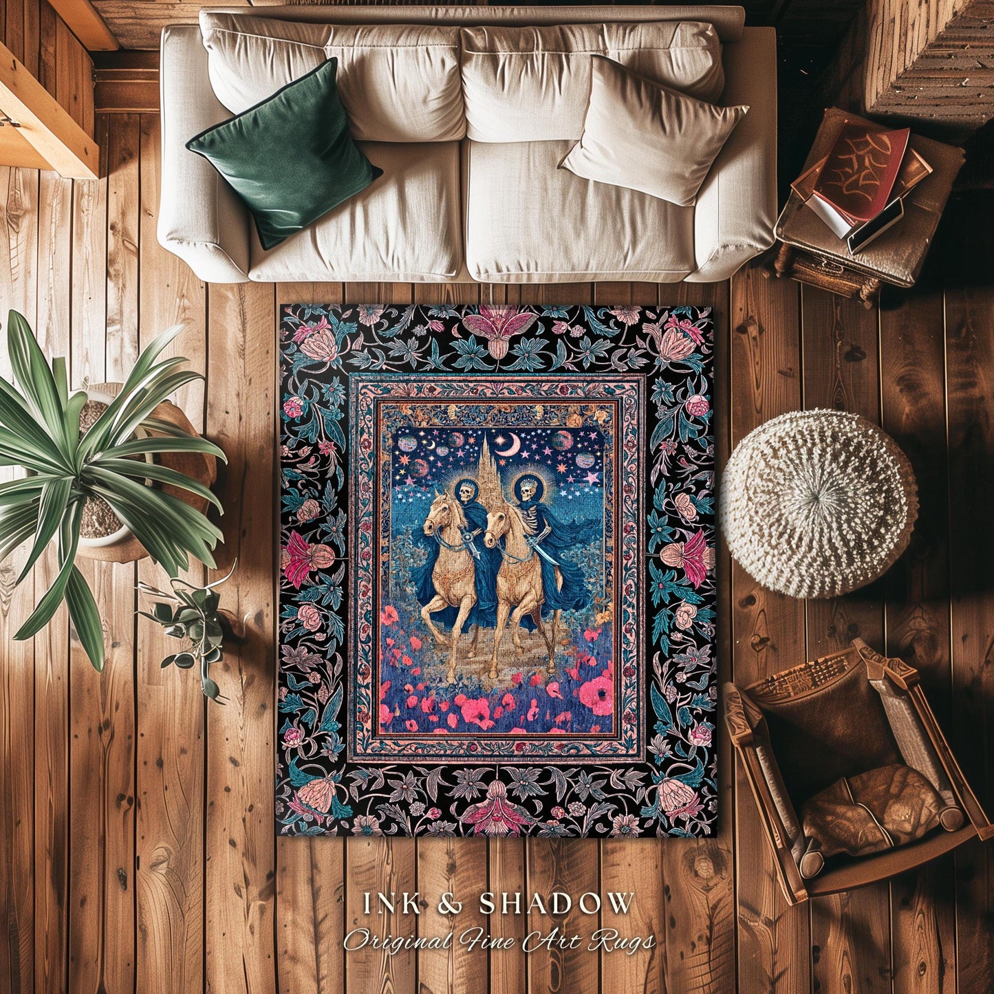 Poppy Field Skeleton Couple Area Rug | Floral Baroque Castle Aesthetic Celestial Horsemen Gothic Lovers Fantasy Bedroom Accent Mystic Decor