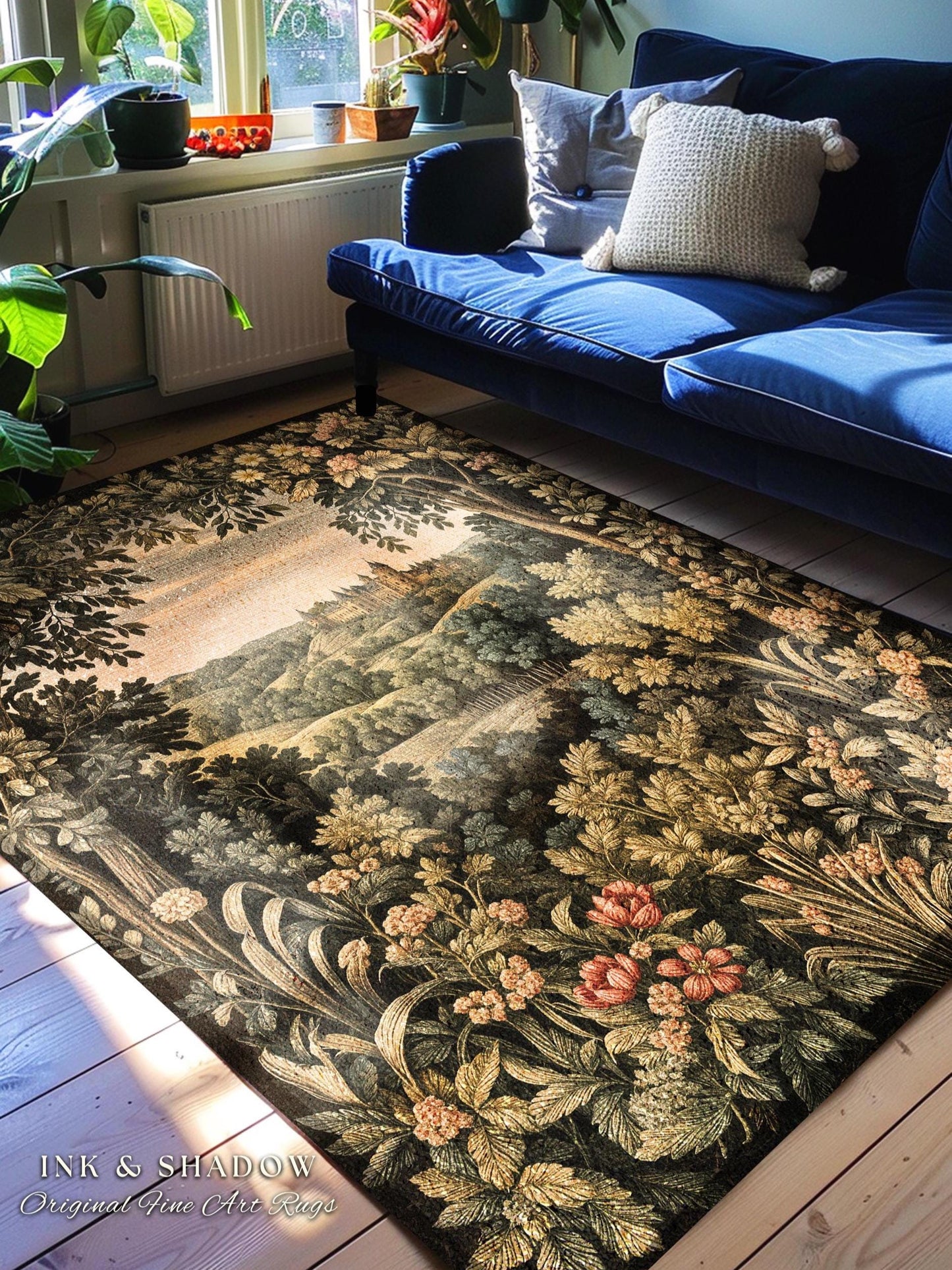 Medieval Meadow Area Rug | Rustic Fairytale Castle Landscape Woodland Fairy Folklore Princesscore Aesthetic Mystic Victorian Floral Accent |