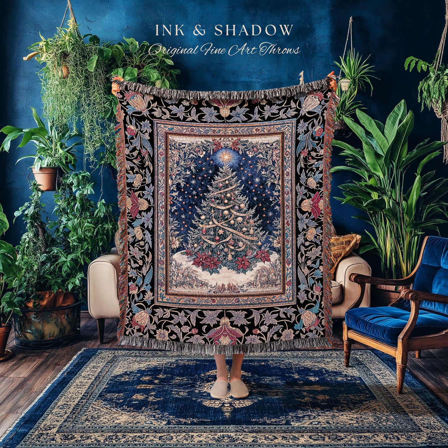 Classic Christmas Aesthetic Throw | Festive Whimsical Vintage Style Woven Wall Tapestry Xmas Tree Cozy Blanket Winter Wonderland Holiday |