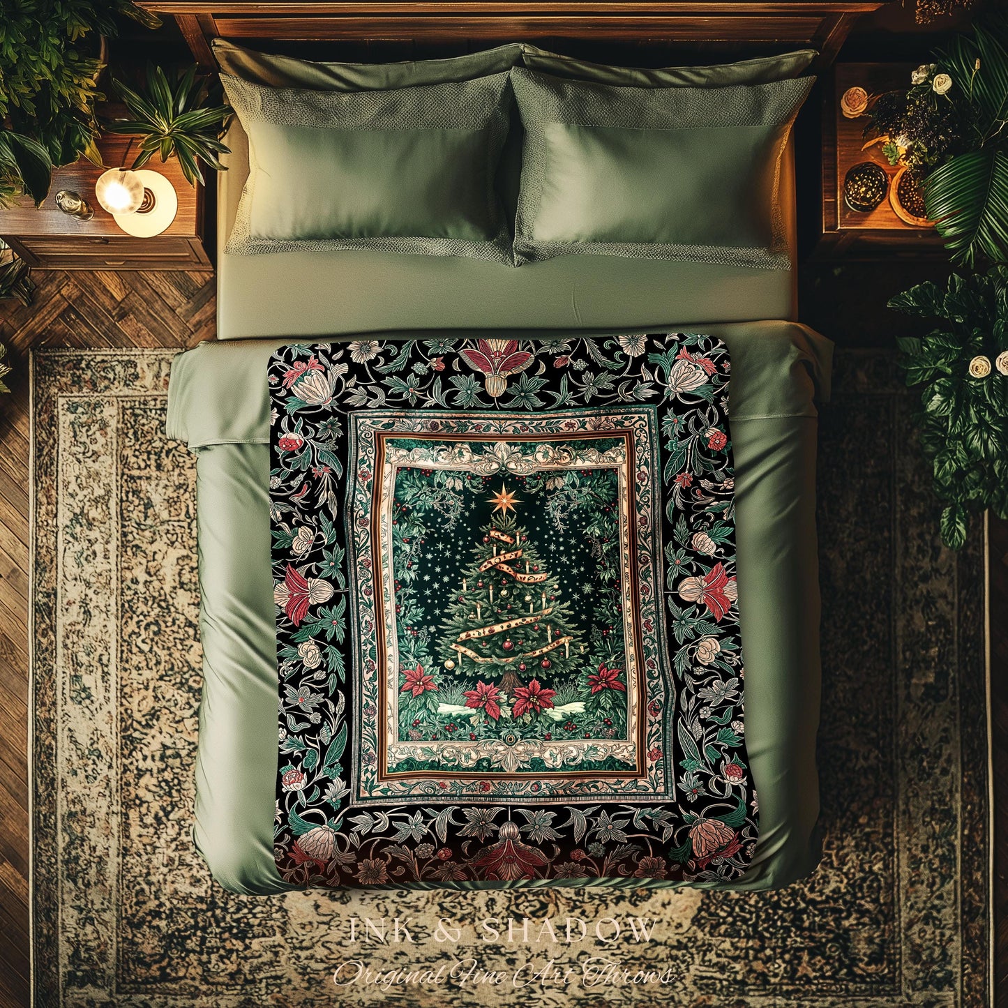 Rustic Festive Holiday Blanket | Victorian Style Christmas Tree Tapestry Cozy Festive Decor Cottagecore Winter Floral Border Heirloom Throw