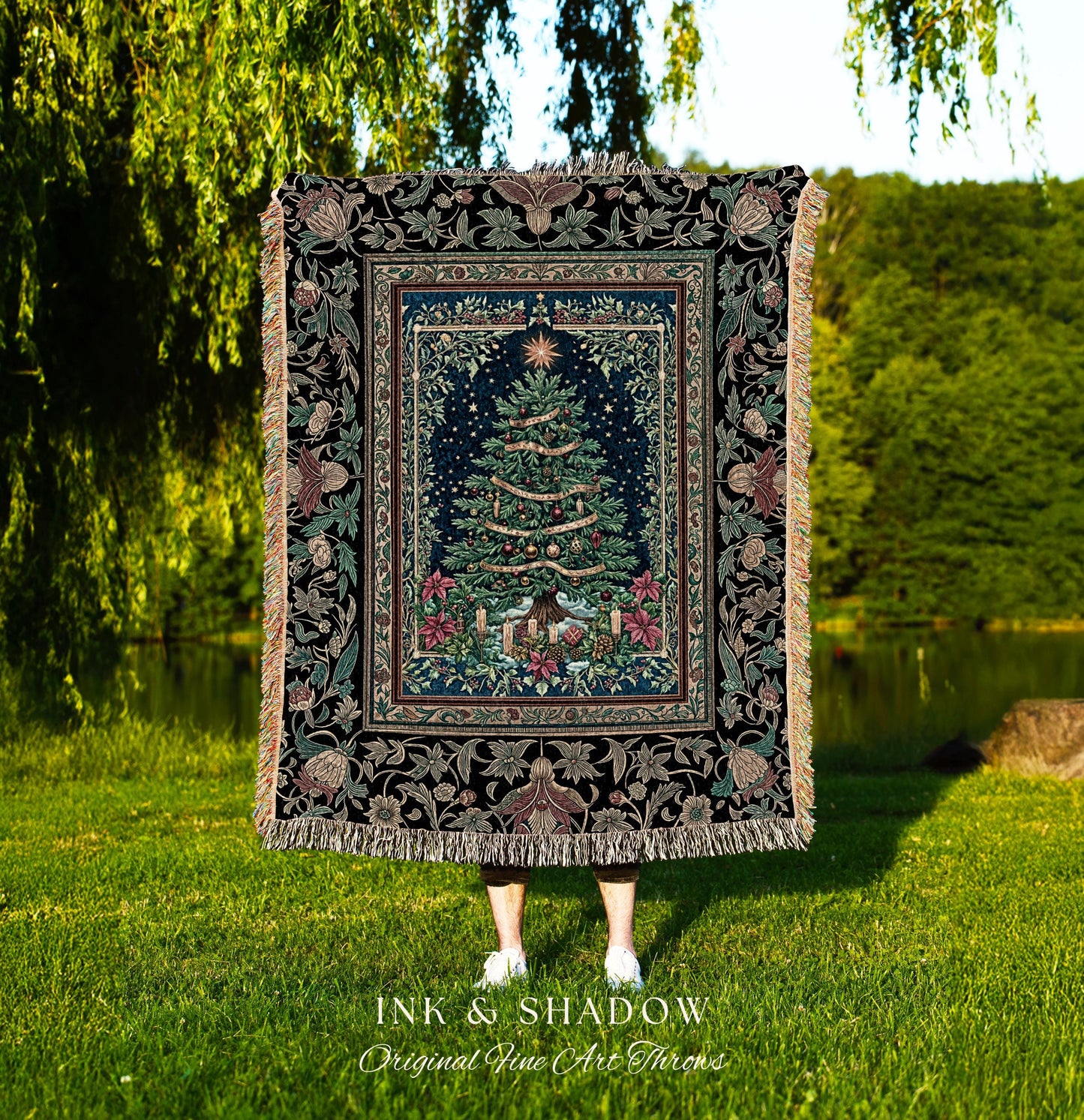 Elegant Holiday Home Decor Blanket | Vintage Christmas Cozy Winter Woven Throw Floral Wall Tapestry Cottagecore Holiday Heirloom Rustic Gift