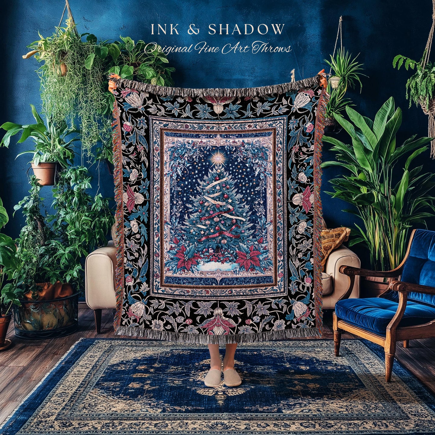 Winter Magic Xmas Tree Blanket | Cozy Christmas Wall Tapestry Holiday Winter Decor Vintage Throw Cottagecore Accent Festive Rustic Xmas |