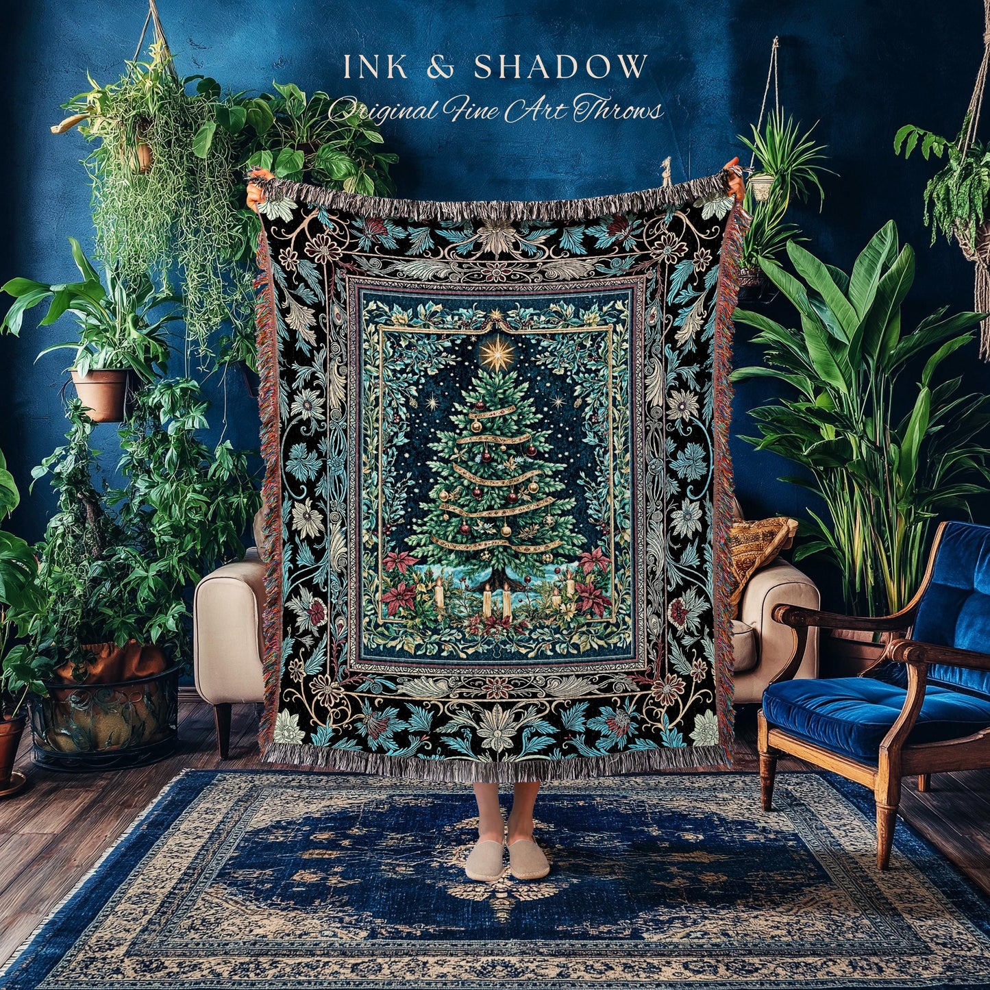 Traditional Christmas Aesthetic Tapestry | Cozy Winter Blanket Cottagecore Style Holiday Cabin Festive Woven Throw Vintage Accent Seasonal |