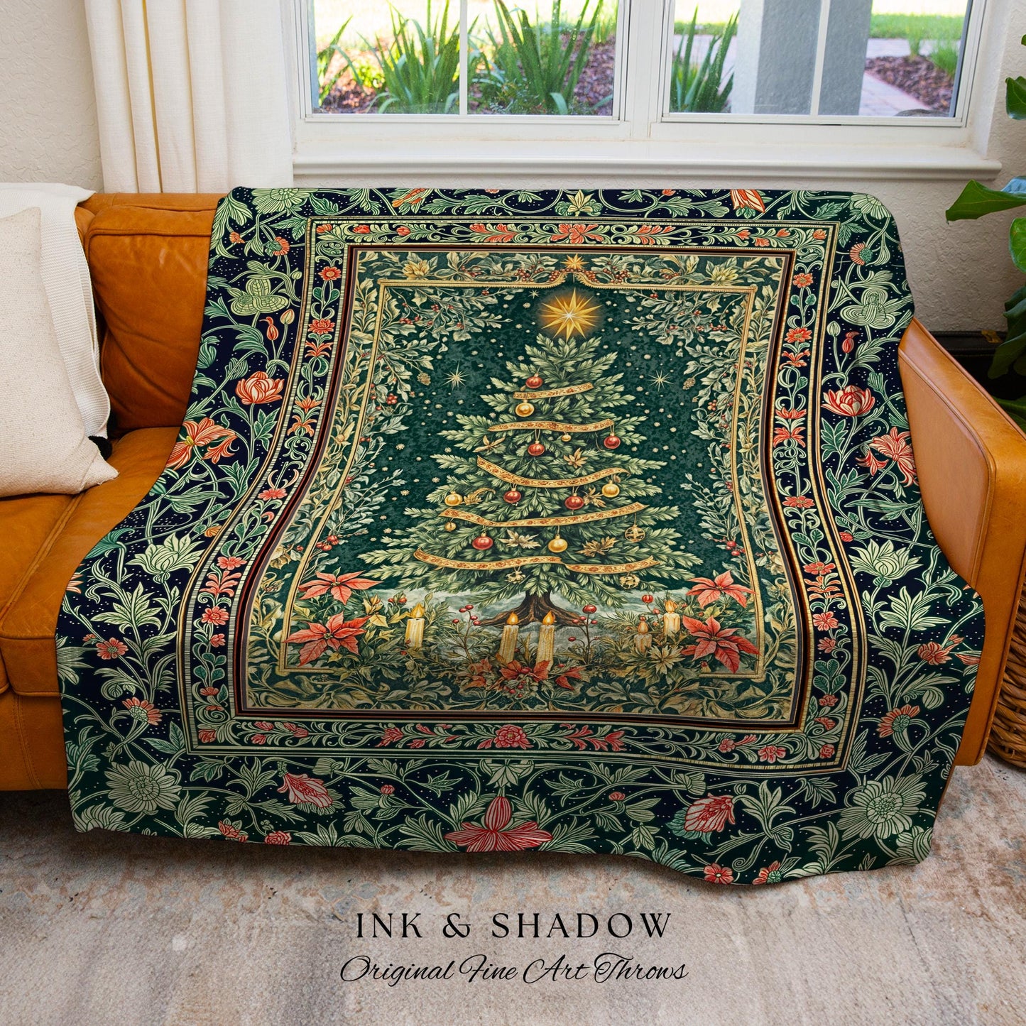 Holiday Lights Xmas Tree Blanket | Cozy Winter Accent Festive Throw Cottagecore Bedspread Rustic Aesthetic Vintage Decoration Warm Colors |