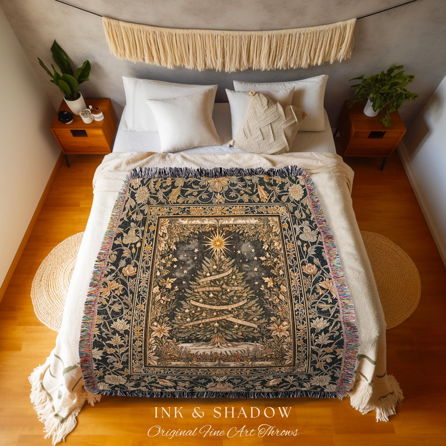 Celestial Wonder Christmas Blanket | Cozy Winter Bedspread Cottagecore Tree Throw Rustic Cabin Accent Holiday Vintage Heirloom Xmas Style