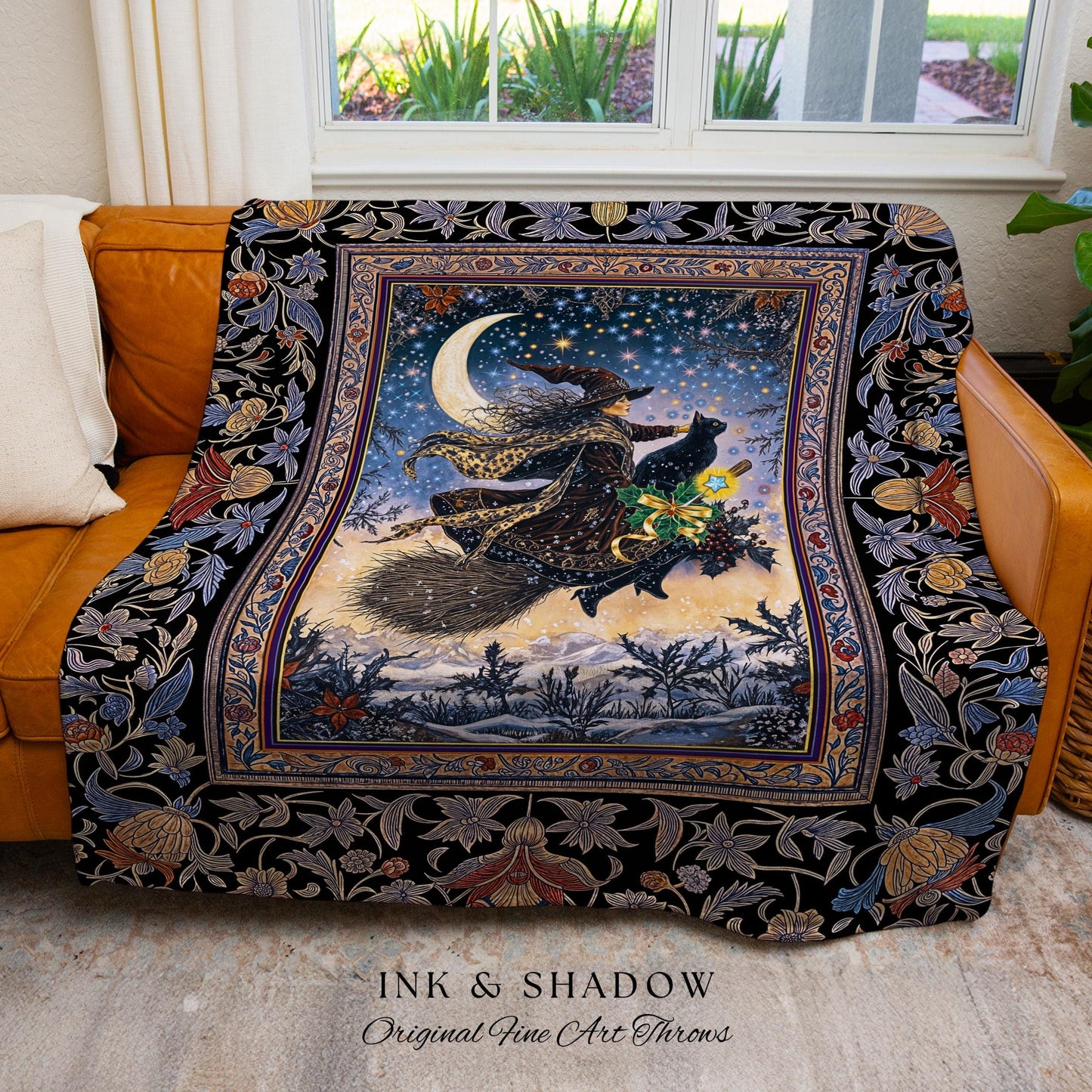Magic Moonlit Witch Woven Tapestry | Ethereal Witchy Halloween Throw Blanket Nostalgic Aesthetic Broomstick Black Cat Celestial Home Decor