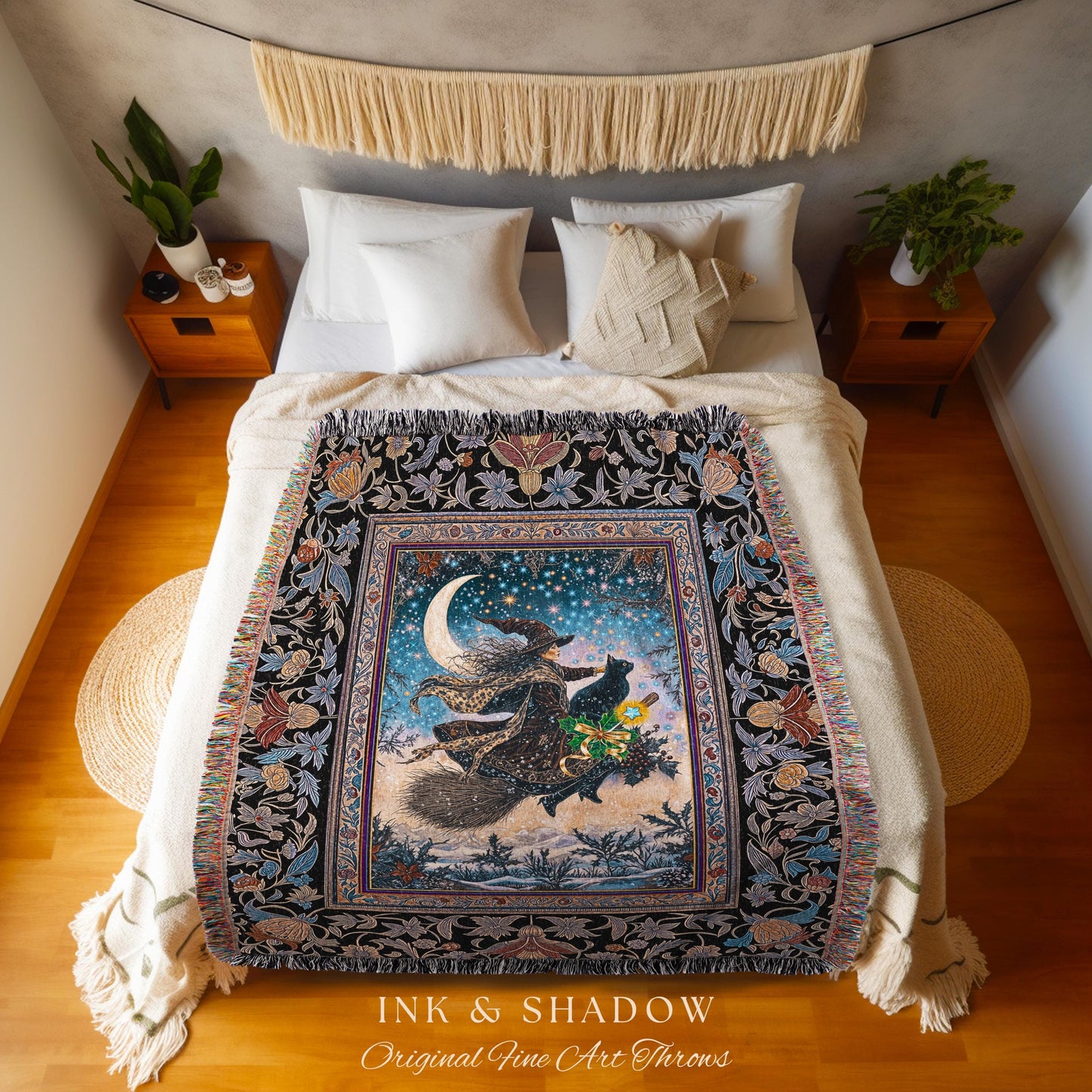 Magic Moonlit Witch Woven Tapestry | Ethereal Witchy Halloween Throw Blanket Nostalgic Aesthetic Broomstick Black Cat Celestial Home Decor