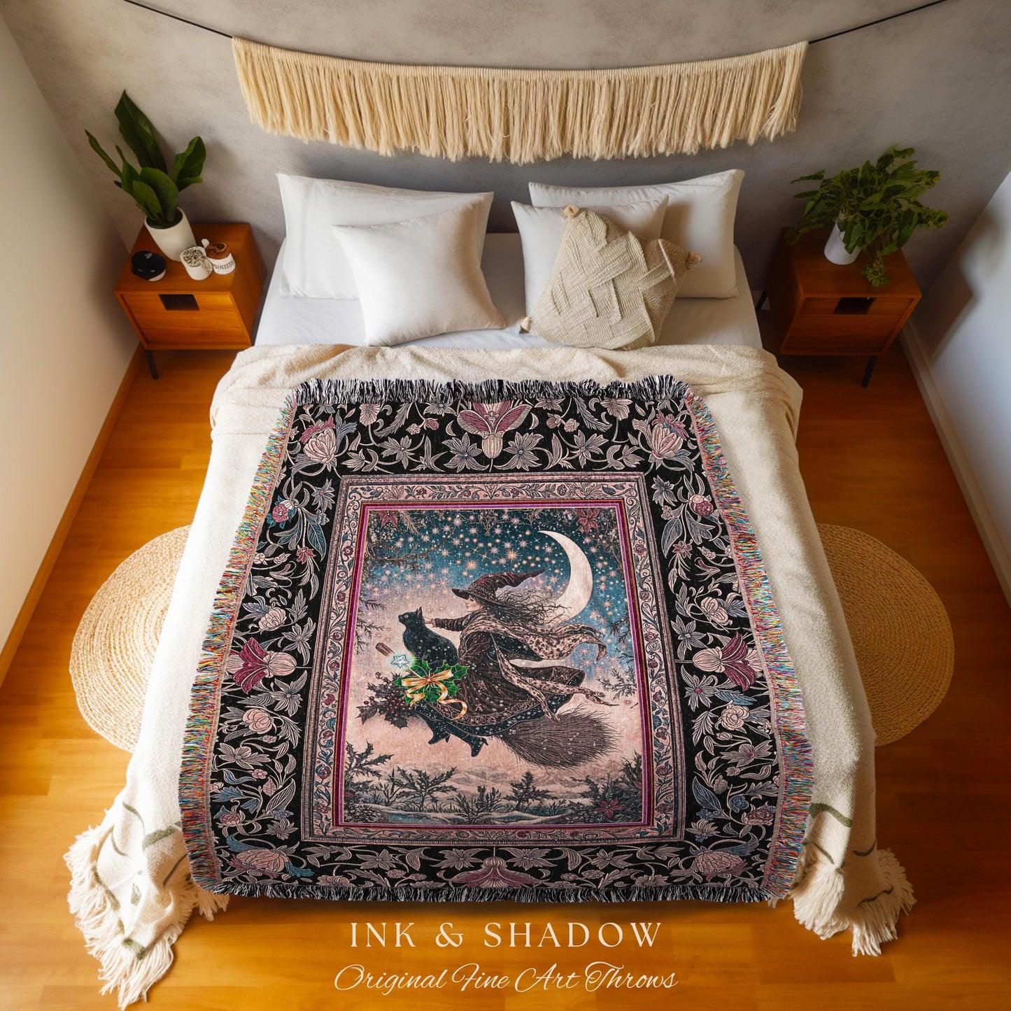 Lilac Skies Ethereal Witch Cozy Throw | Whimsigoth Decor Pink Starlight Tapestry Vintage Witch Vibes Mystical Aesthetic Cottagewitch Style