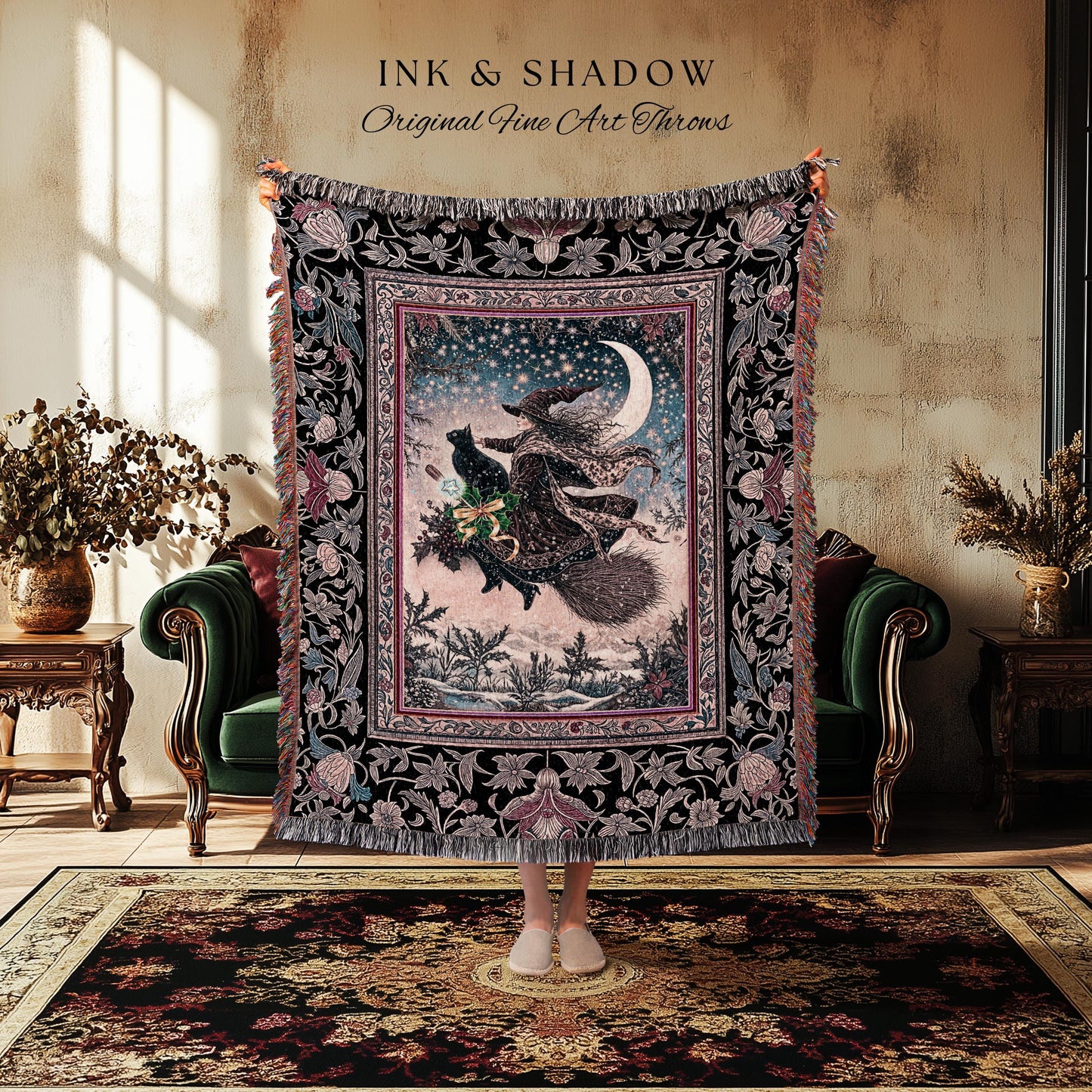 Lilac Skies Ethereal Witch Cozy Throw | Whimsigoth Decor Pink Starlight Tapestry Vintage Witch Vibes Mystical Aesthetic Cottagewitch Style