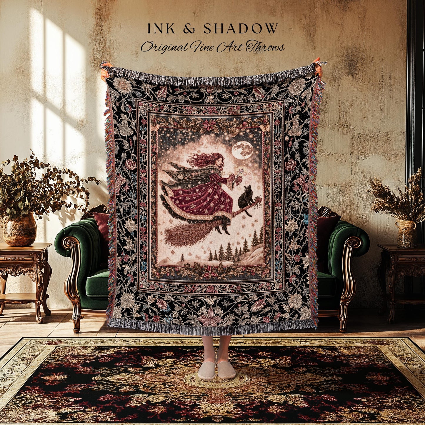 Mystical Black Cat Witch Tapestry | Fairytale Decor Gothic Cottagecore Broomstick Halloween Whimsy Gothic Maximalist Aesthetic Throw Rustic