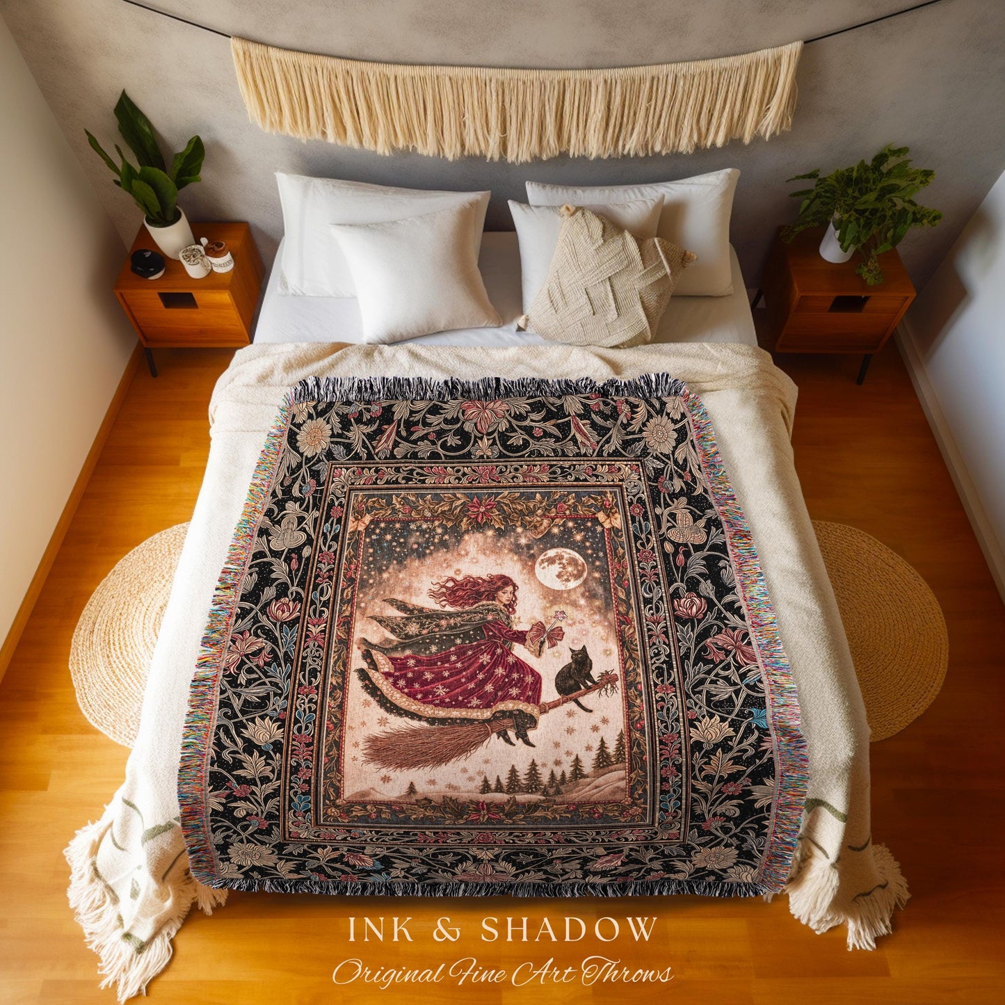 Mystical Black Cat Witch Tapestry | Fairytale Decor Gothic Cottagecore Broomstick Halloween Whimsy Gothic Maximalist Aesthetic Throw Rustic