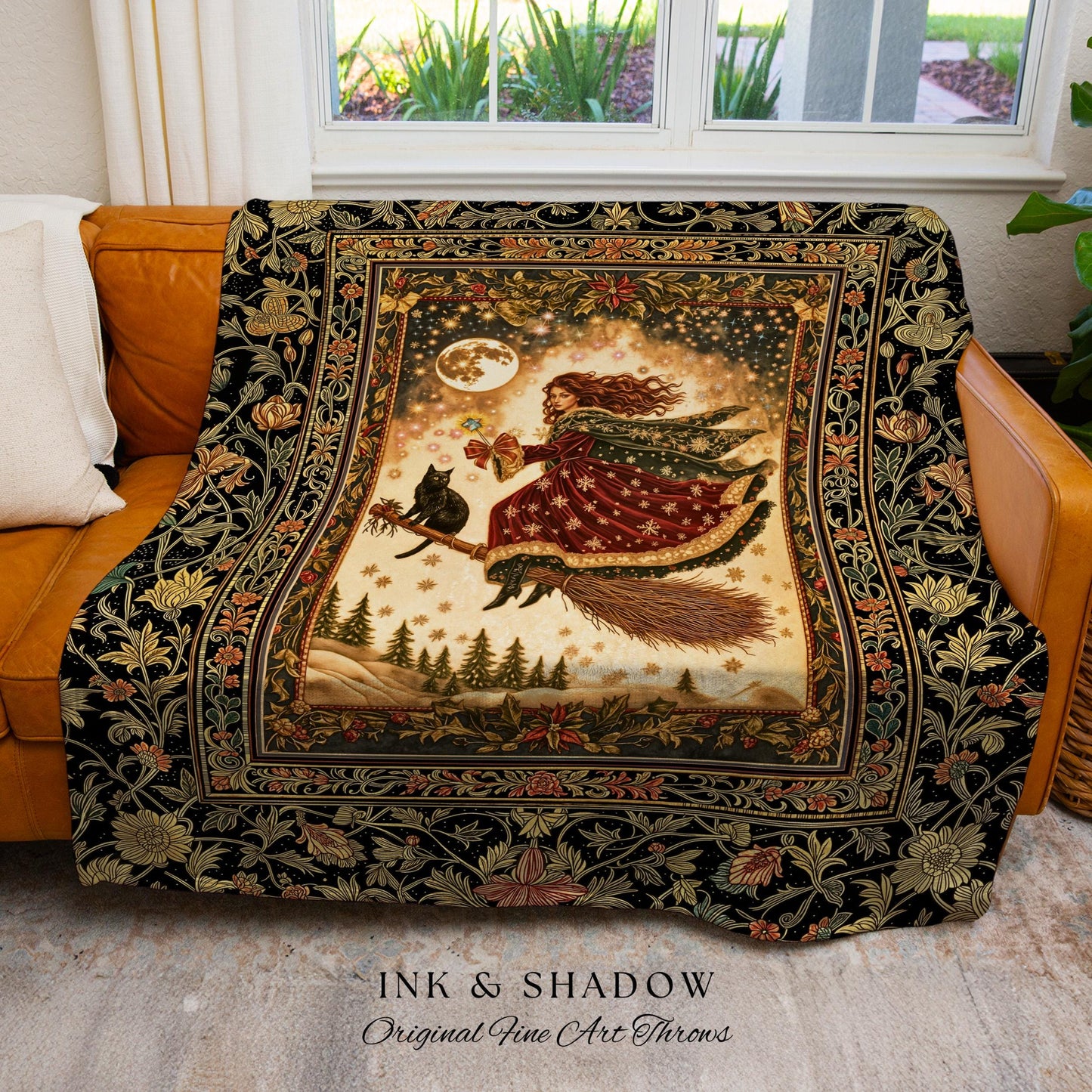 Whimsical Witchy Broomstick Throw Blanket | Fairytale Gothic Decor Mystic Black Cat Celestial Moon Tapestry Botanical Dark Academia Cottage