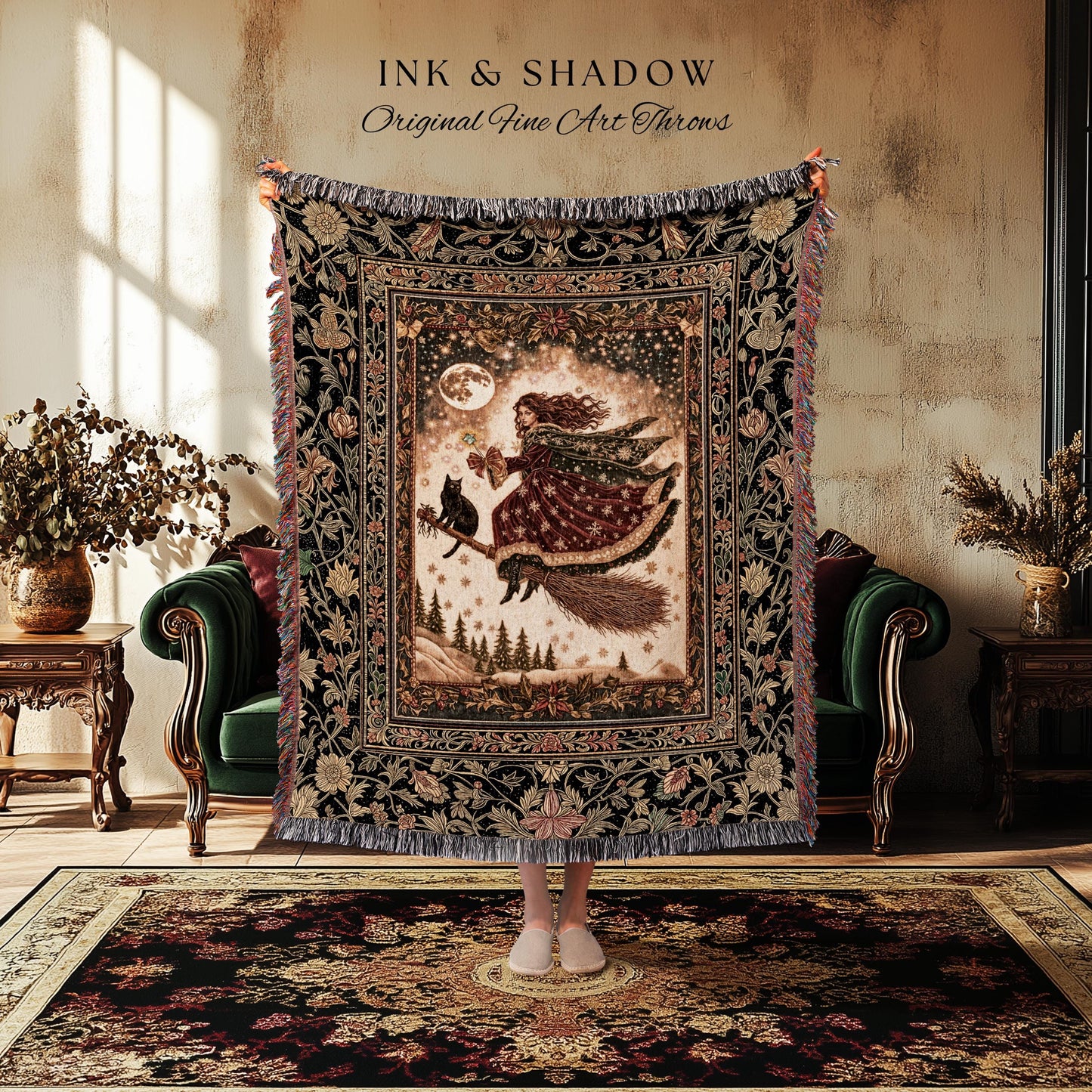 Whimsical Witchy Broomstick Throw Blanket | Fairytale Gothic Decor Mystic Black Cat Celestial Moon Tapestry Botanical Dark Academia Cottage