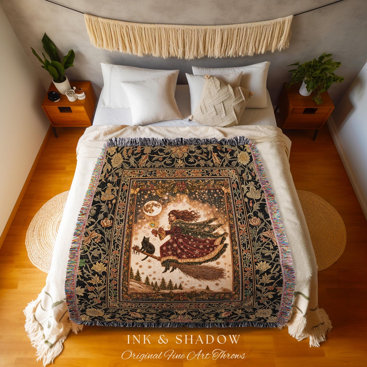 Whimsical Witchy Broomstick Throw Blanket | Fairytale Gothic Decor Mystic Black Cat Celestial Moon Tapestry Botanical Dark Academia Cottage