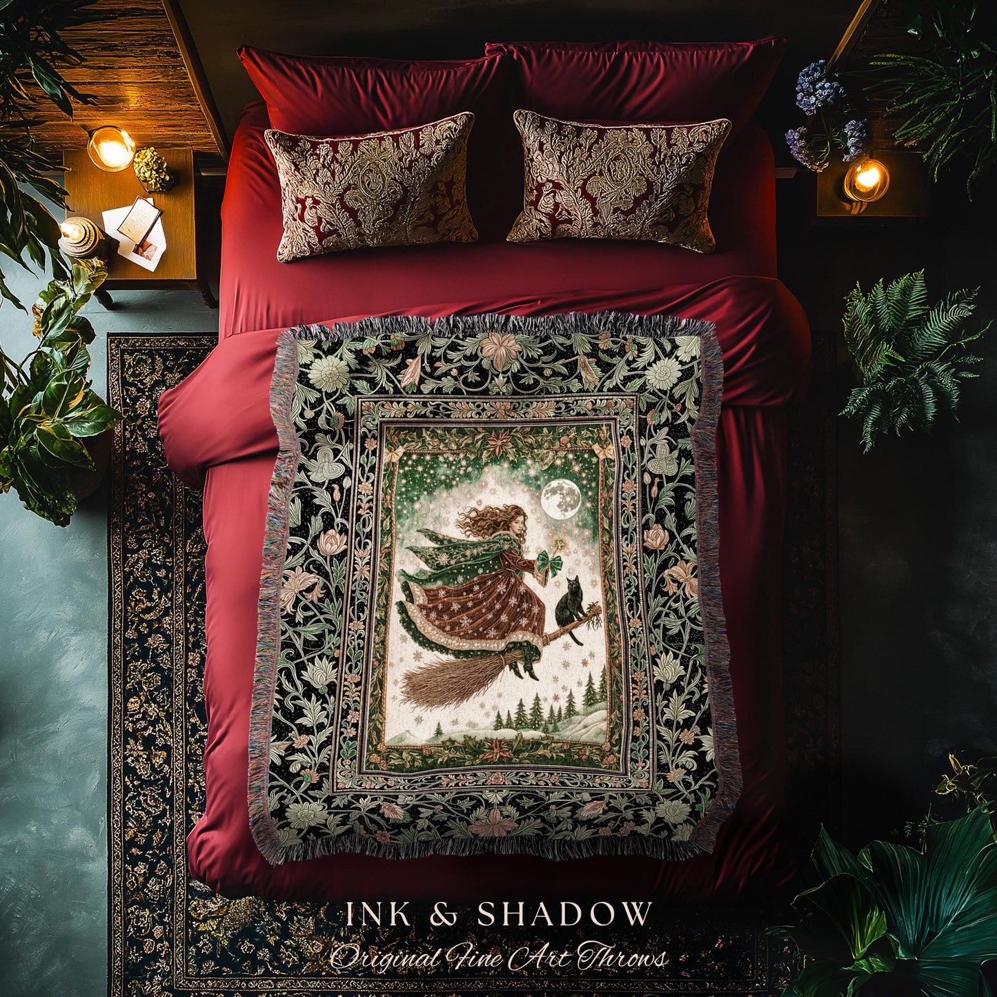 Holiday Witch Black Cat Blanket | Nostalgic Halloween Enchanted Cottagecore Decor Mystic Aesthetic Woven Wall Tapestry Gothic Elegance Throw