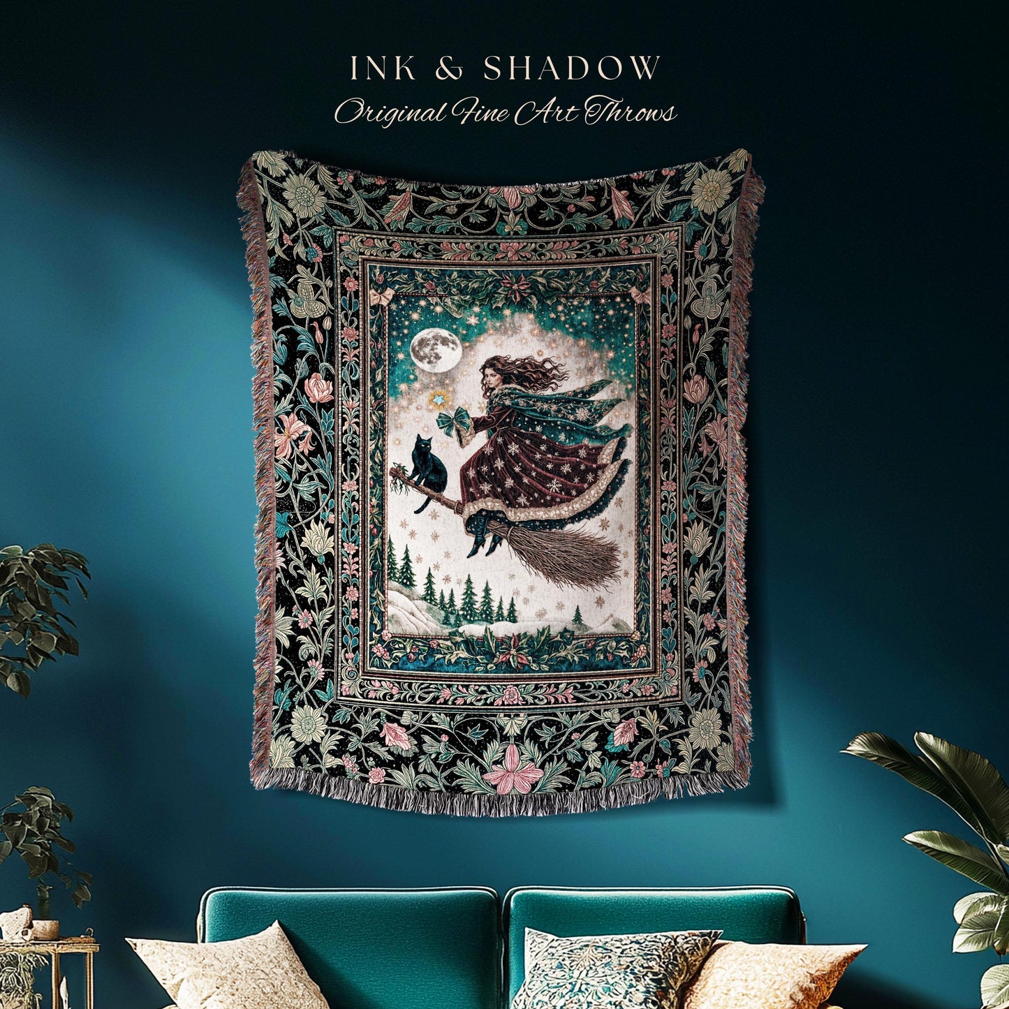 Snow Witch Celestial Woven Tapestry | Magical Black Cat Gothic Decor Broomstick Whimsigoth Magic Cottagecore Aesthetic Throw Blanket Mystic