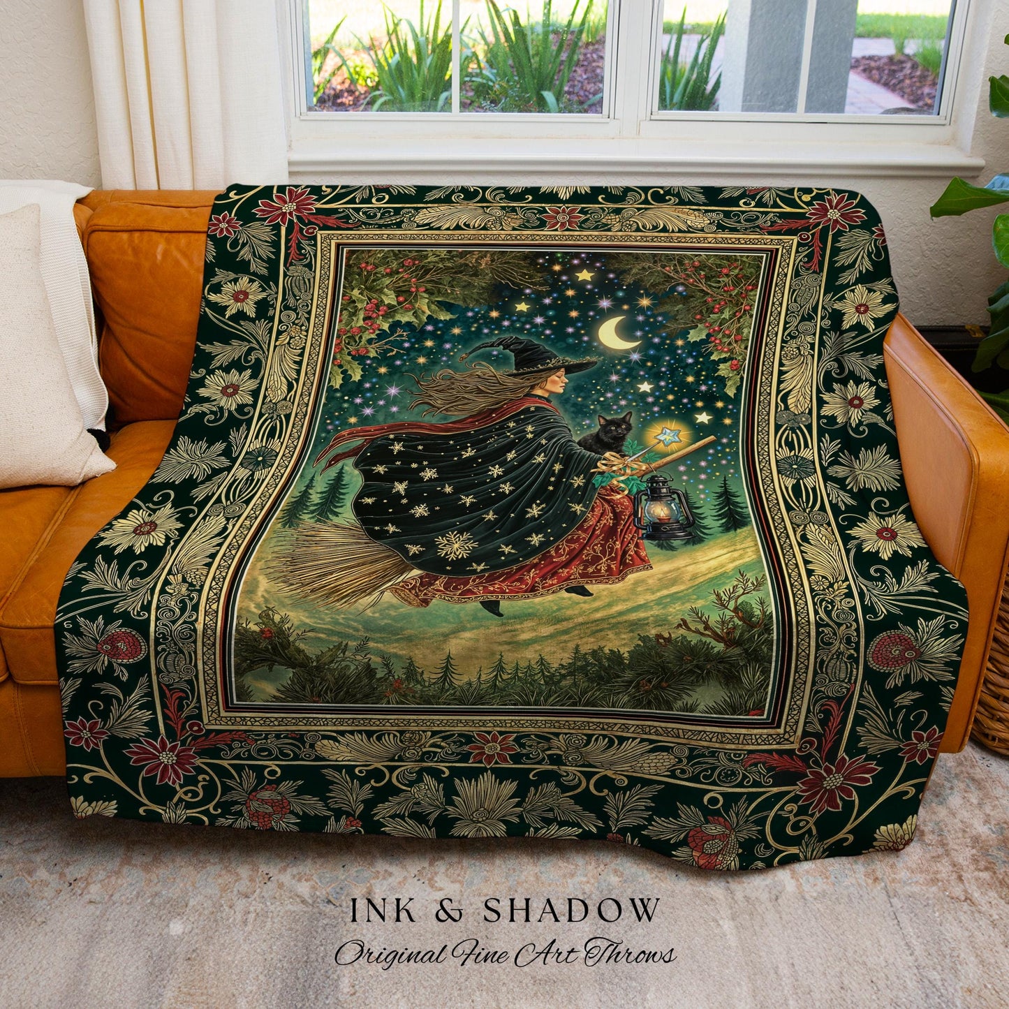 Autumn Witch Starry Celestial Tapestry | Gothic Decor Bewitched Black Cat Magic Cottagecore Style Enchanted Woven Throw Blanket Whimsical |
