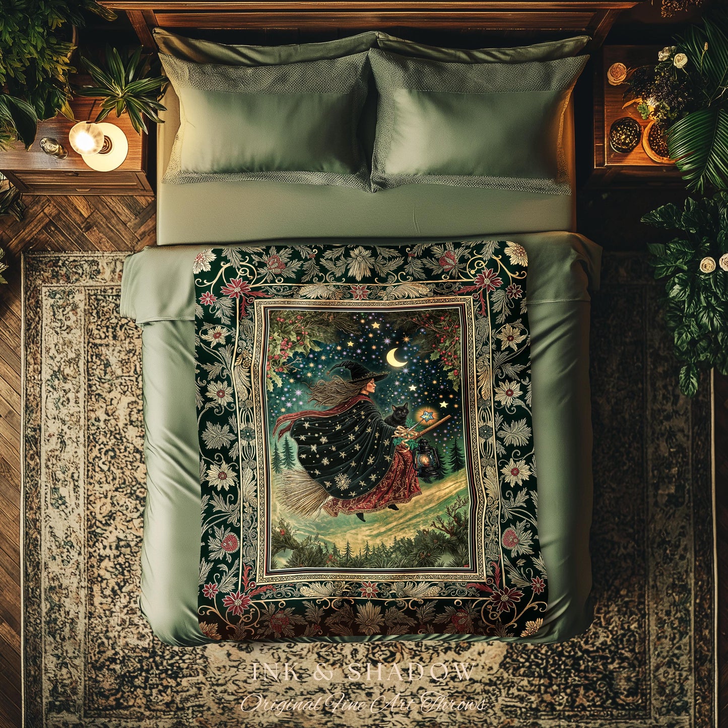 Autumn Witch Starry Celestial Tapestry | Gothic Decor Bewitched Black Cat Magic Cottagecore Style Enchanted Woven Throw Blanket Whimsical |