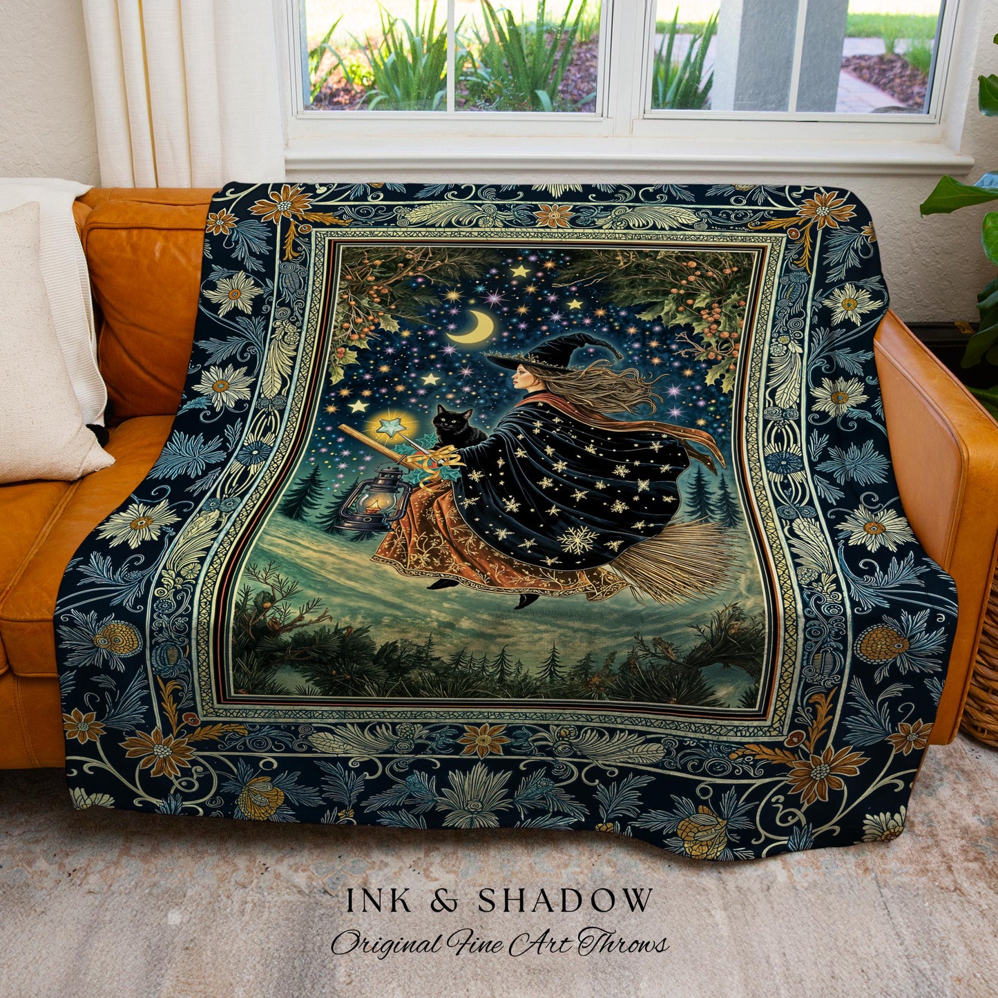 Nostalgic Storybook Witch Blanket | Gothic Woven Tapestry Enchanted Black Cat Magic Dark Academia Broomstick Moonlit Decor Throw Ethereal |