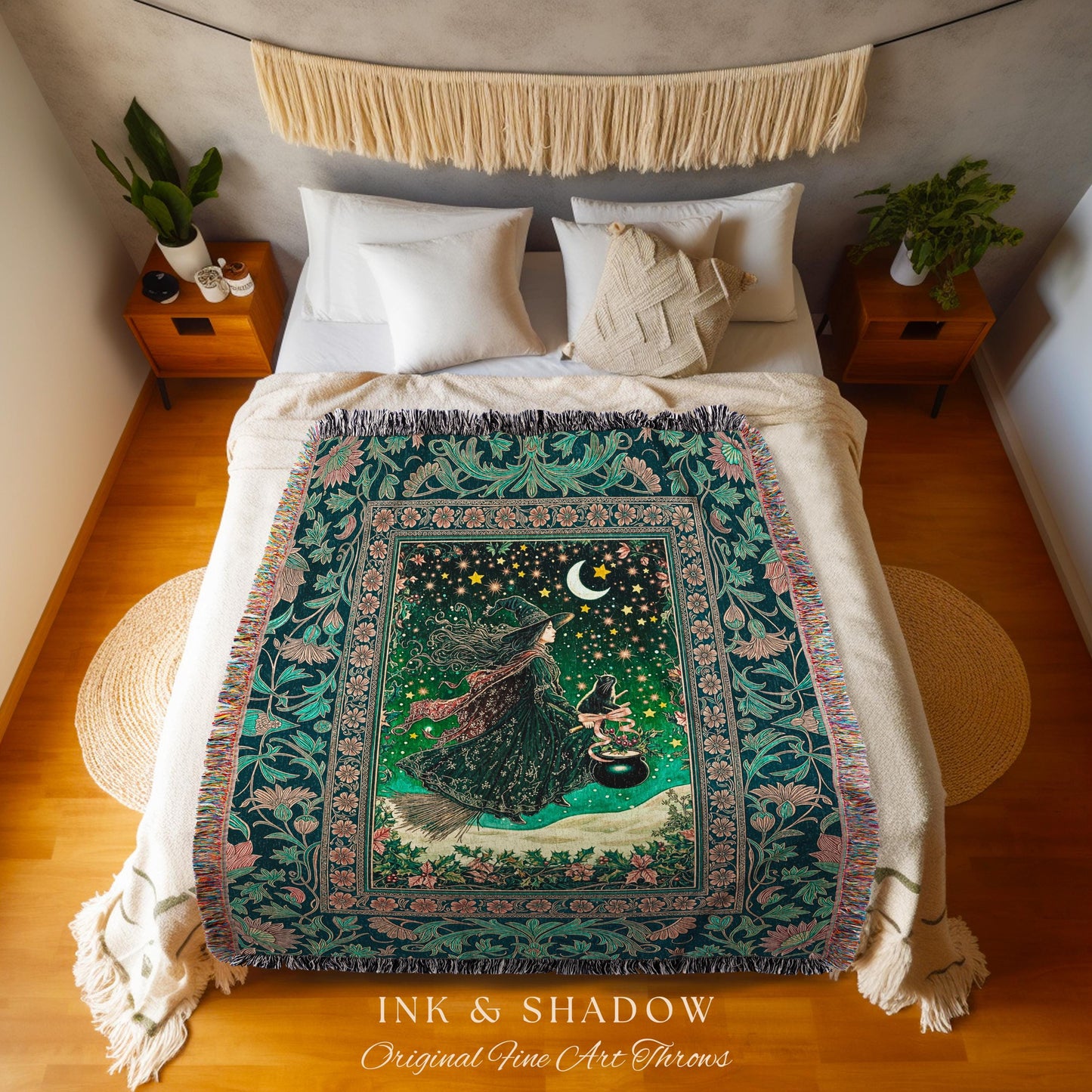 Magic Landscape Winter Witch Throw | Moonlit Ethereal Witchy Tapestry Blanket Decor Moon Black Cat Cat Whimsical Folklore Cottagecore Style