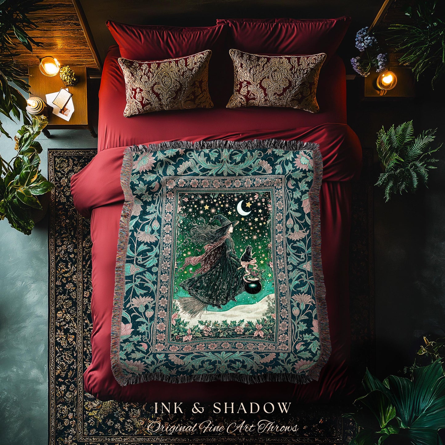 Magic Landscape Winter Witch Throw | Moonlit Ethereal Witchy Tapestry Blanket Decor Moon Black Cat Cat Whimsical Folklore Cottagecore Style