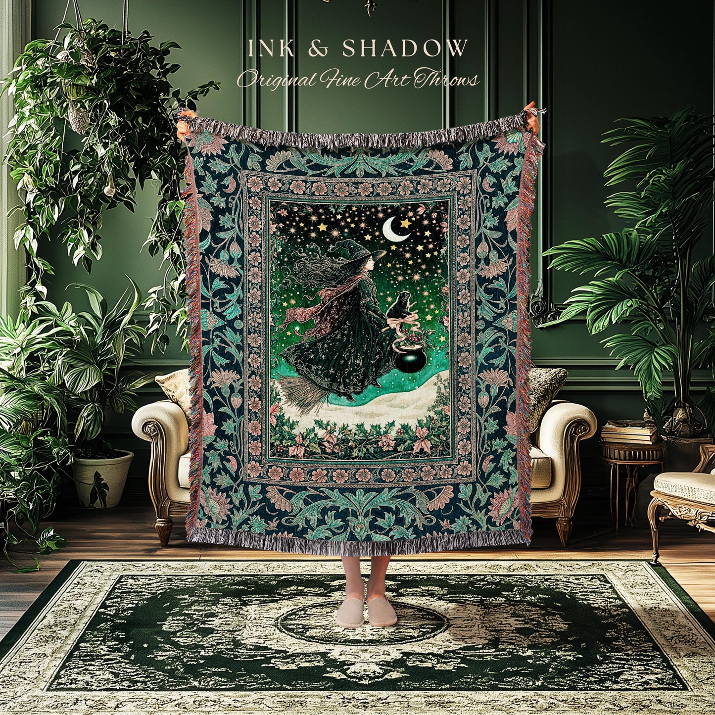 Magic Landscape Winter Witch Throw | Moonlit Ethereal Witchy Tapestry Blanket Decor Moon Black Cat Cat Whimsical Folklore Cottagecore Style