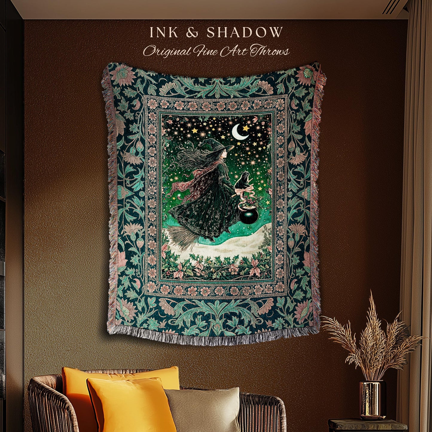 Magic Landscape Winter Witch Throw | Moonlit Ethereal Witchy Tapestry Blanket Decor Moon Black Cat Cat Whimsical Folklore Cottagecore Style