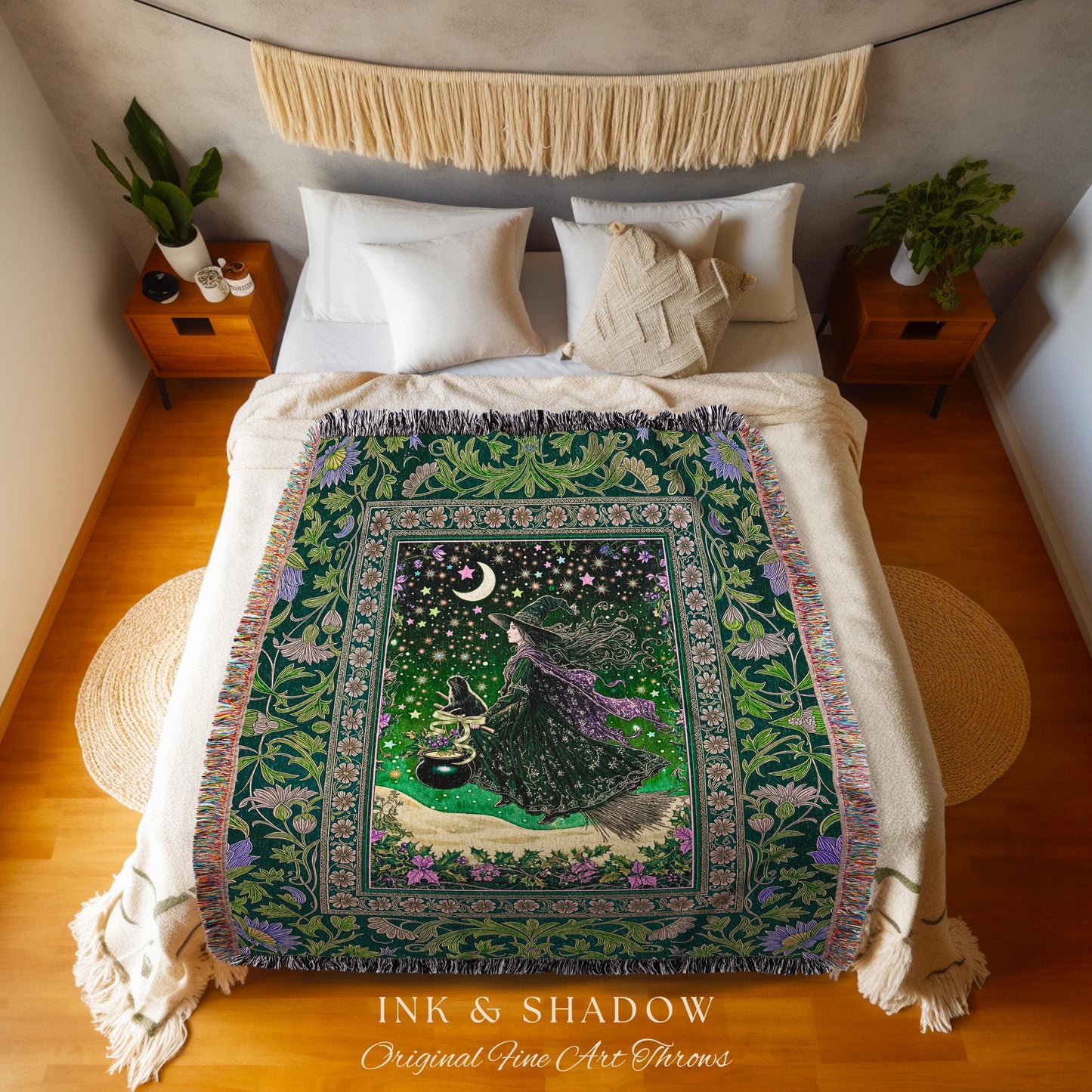 Botanical Witch Flying Broomstick Throw | Whimsigoth Tapestry Blanket Gothic Cat Mystic Midnight Magic Aesthetic Green Sky Moonlight Decor