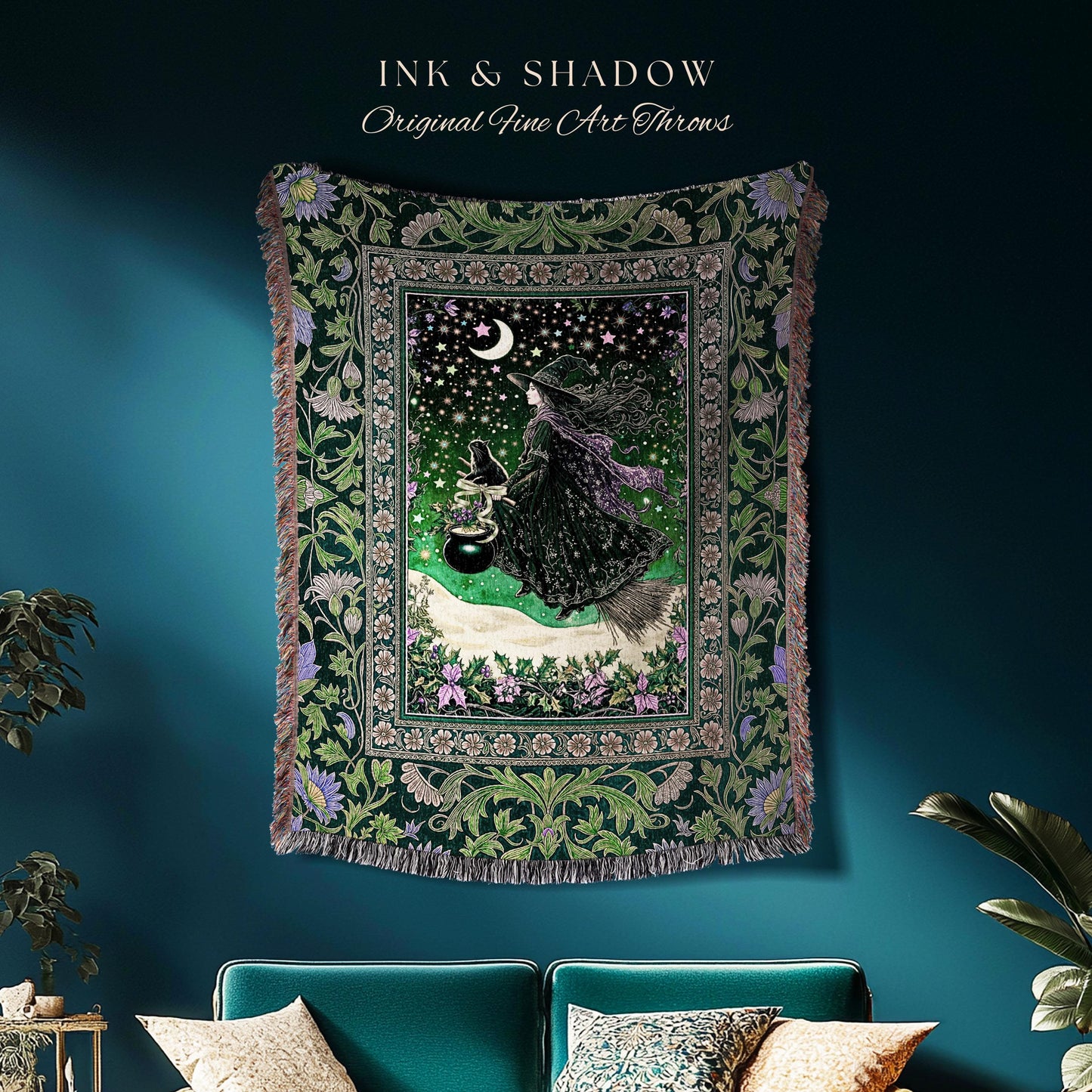 Botanical Witch Flying Broomstick Throw | Whimsigoth Tapestry Blanket Gothic Cat Mystic Midnight Magic Aesthetic Green Sky Moonlight Decor