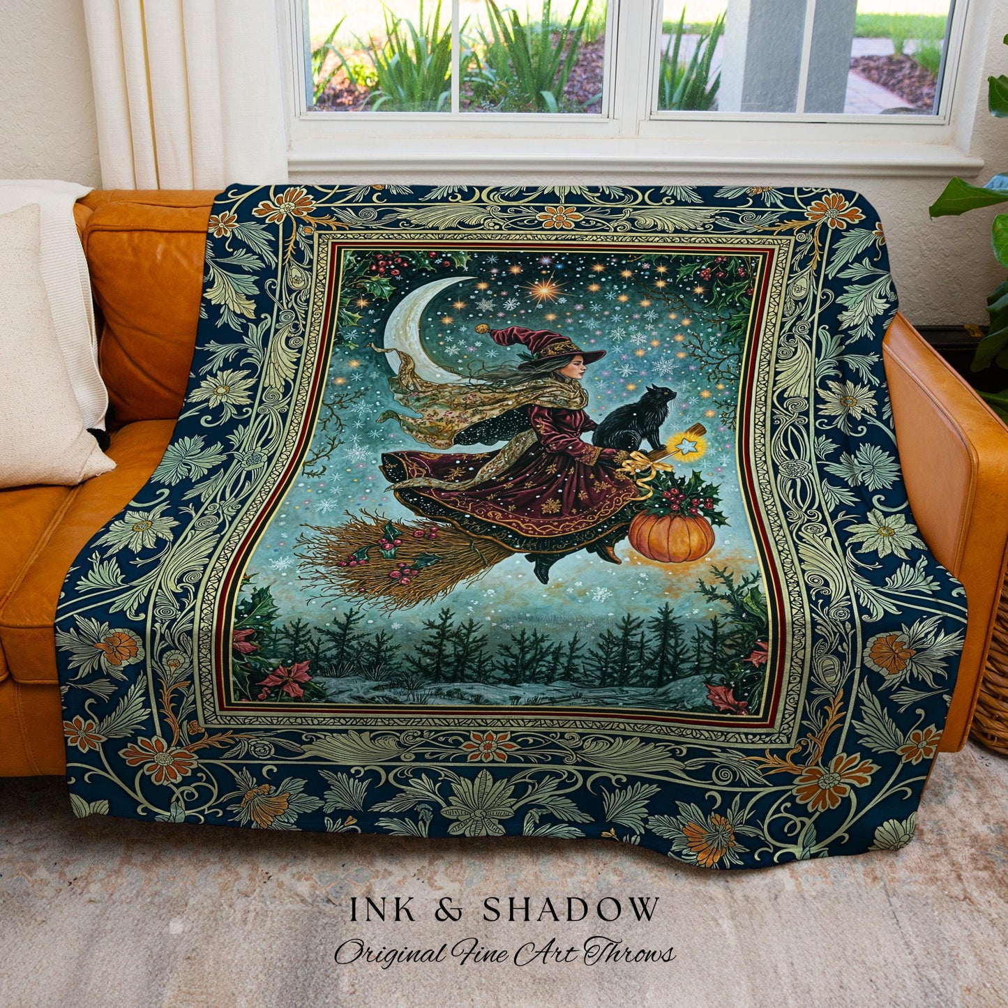 Pumpkin Witch Winter Wall Tapestry | Mystical Gothic Decor Black Cat Broomstick Spooky Season Botanical Moon Stars Winter Whimsigoth Style |