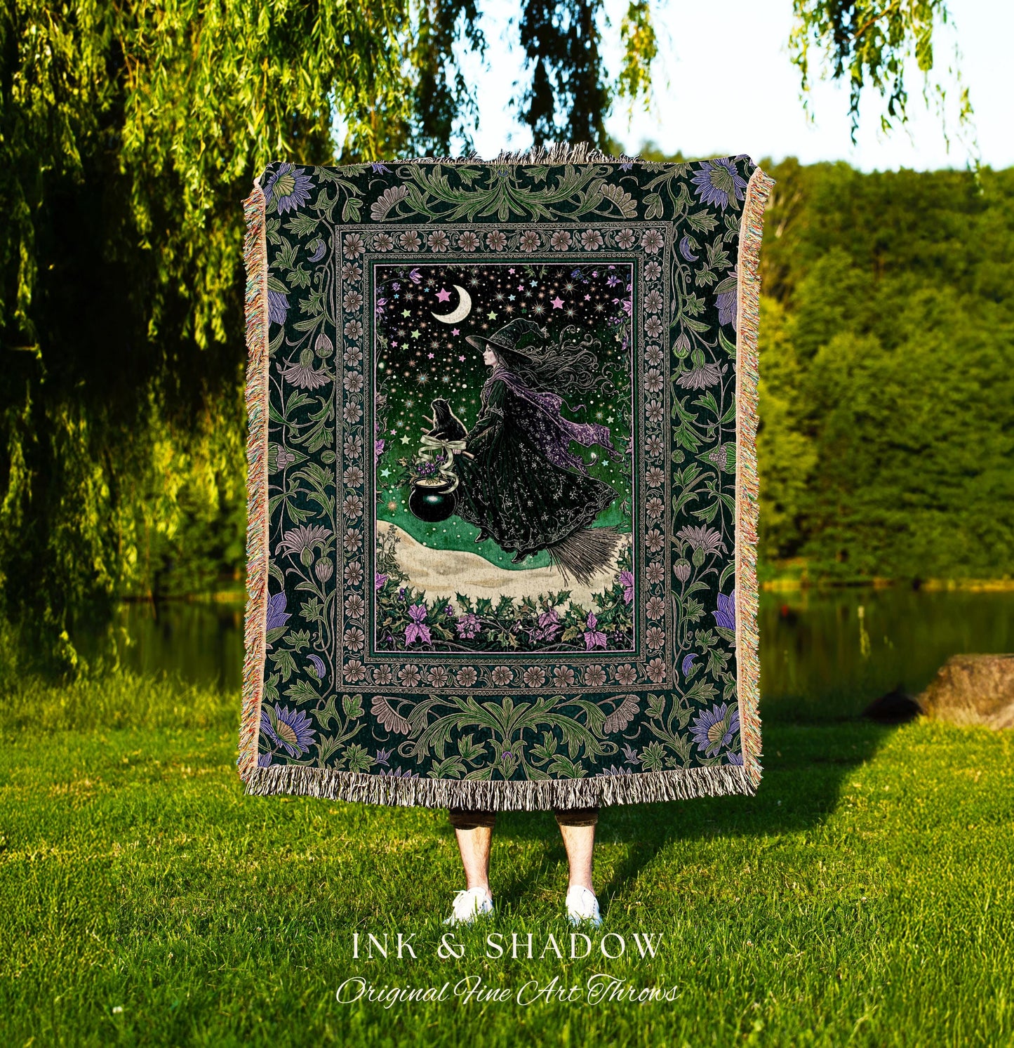 Botanical Witch Flying Broomstick Throw | Whimsigoth Tapestry Blanket Gothic Cat Mystic Midnight Magic Aesthetic Green Sky Moonlight Decor