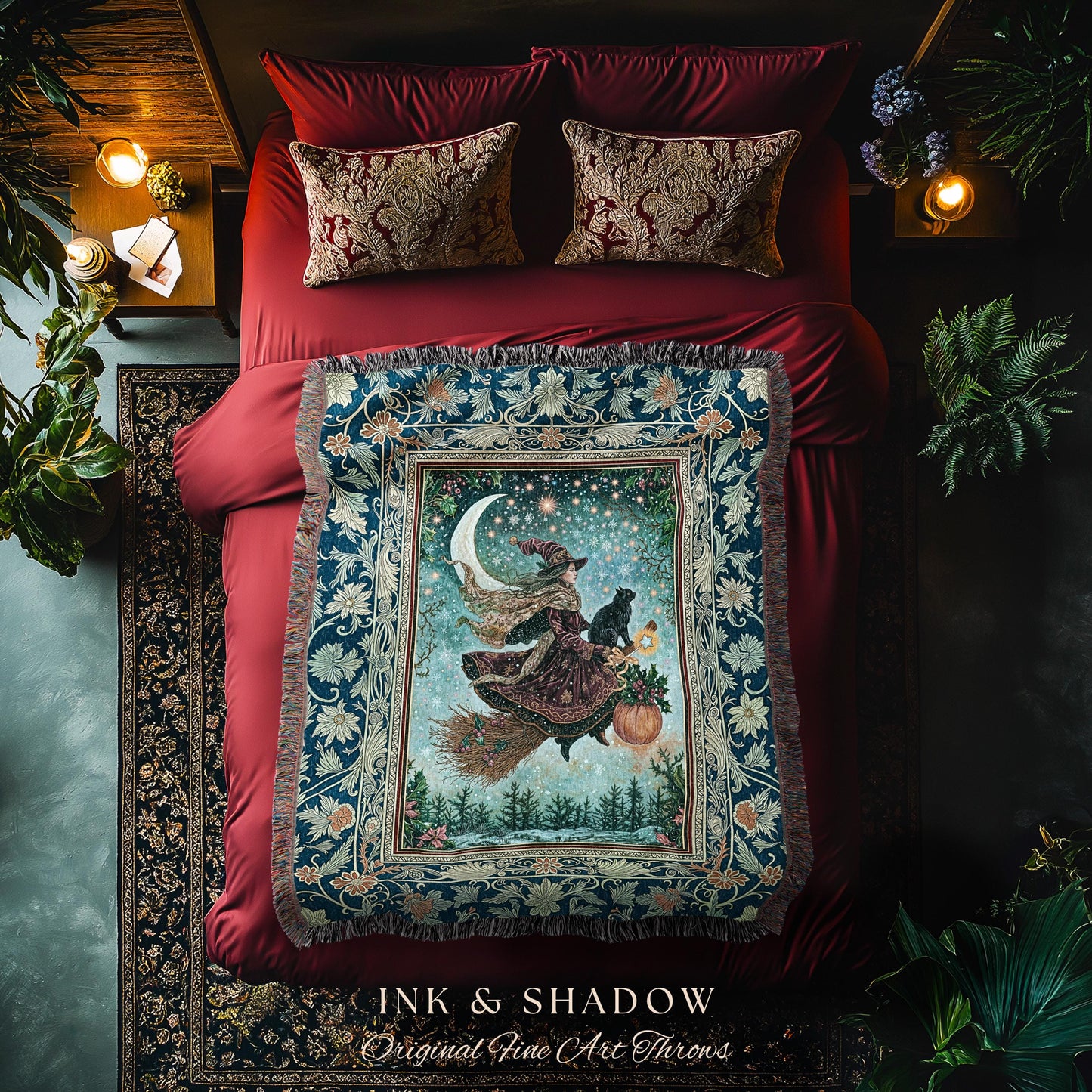 Pumpkin Witch Winter Wall Tapestry | Mystical Gothic Decor Black Cat Broomstick Spooky Season Botanical Moon Stars Winter Whimsigoth Style |