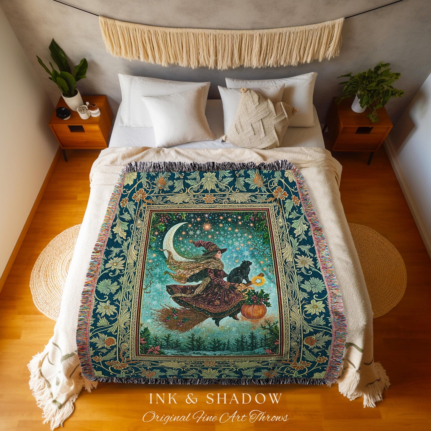 Pumpkin Witch Winter Wall Tapestry | Mystical Gothic Decor Black Cat Broomstick Spooky Season Botanical Moon Stars Winter Whimsigoth Style |