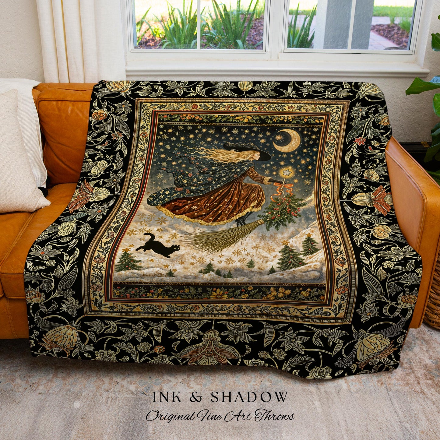 Winter Folklore Witch Tapestry Blanket | Enchanted Cottagecore Decor Mystic Aesthetic Black Cat Gothic Elegance Celestial Storybook Throw |