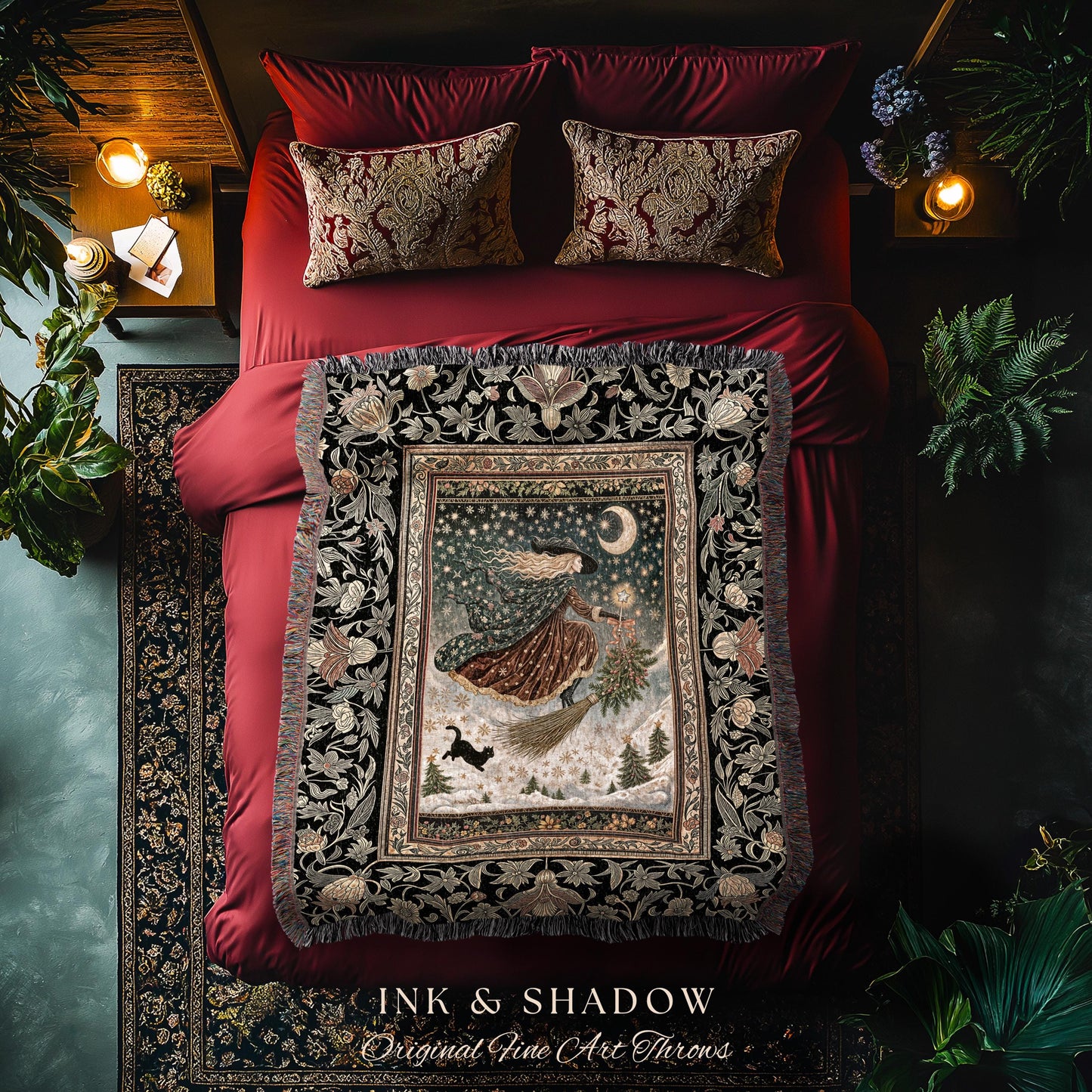 Winter Folklore Witch Tapestry Blanket | Enchanted Cottagecore Decor Mystic Aesthetic Black Cat Gothic Elegance Celestial Storybook Throw |