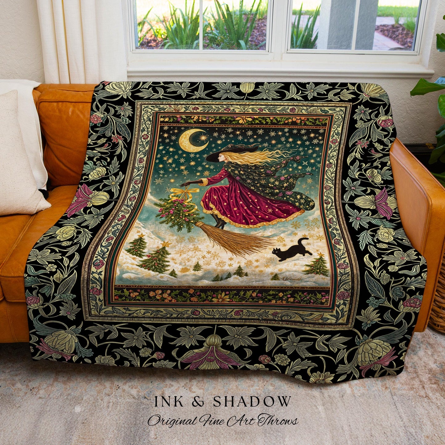 Snowy Moonlit Night Witchy Tapestry | Celestial Cat Gothic Decor Broomstick Ride Whimsigoth Magic Cottagecore Folk Aesthetic Throw Blanket