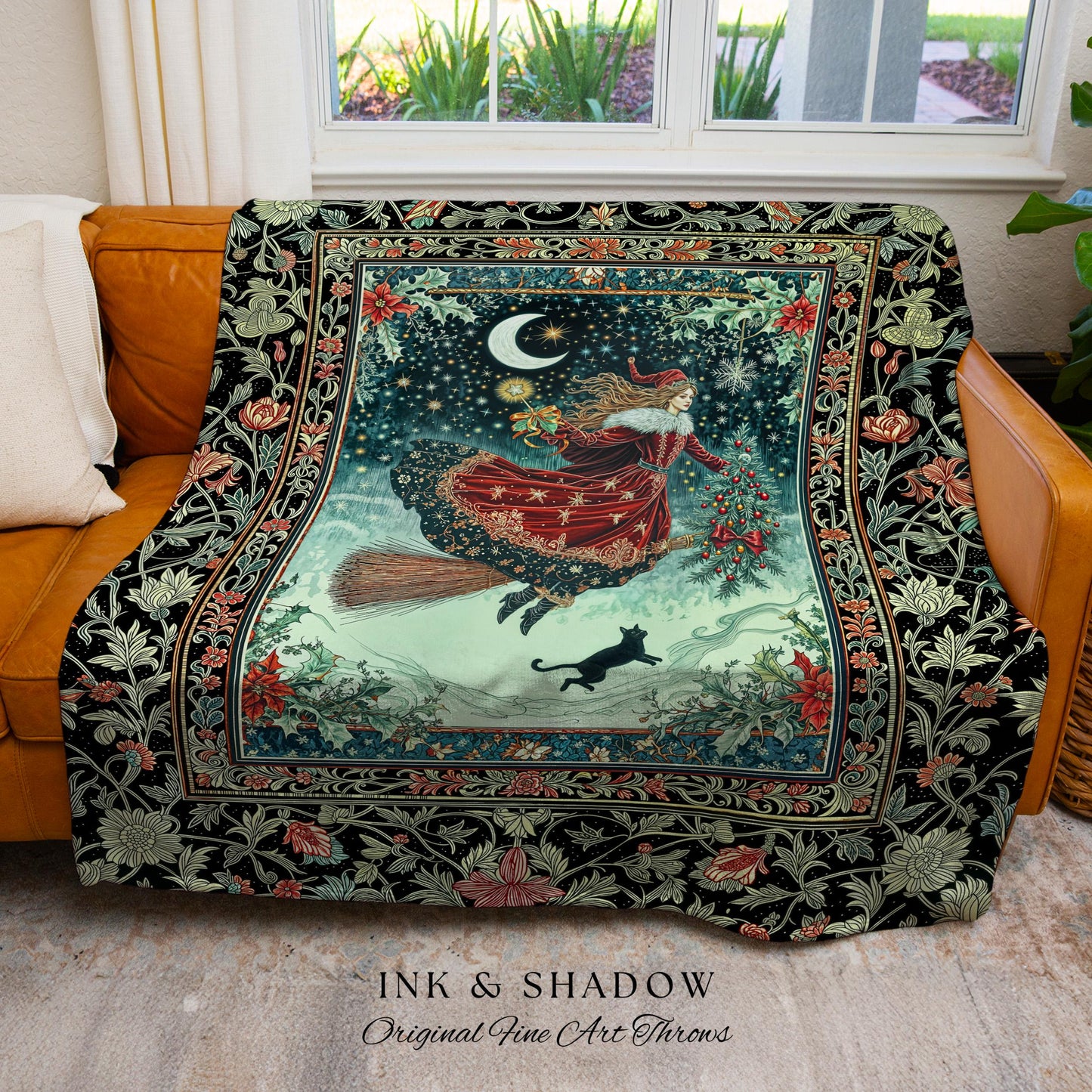 Wonderland Witch Boho Throw Blanket | Mystic Gothic Art Black Cat Folk Magic Broomstick Whimsigoth Cottagecore Woven Tapestry Moon Stars |