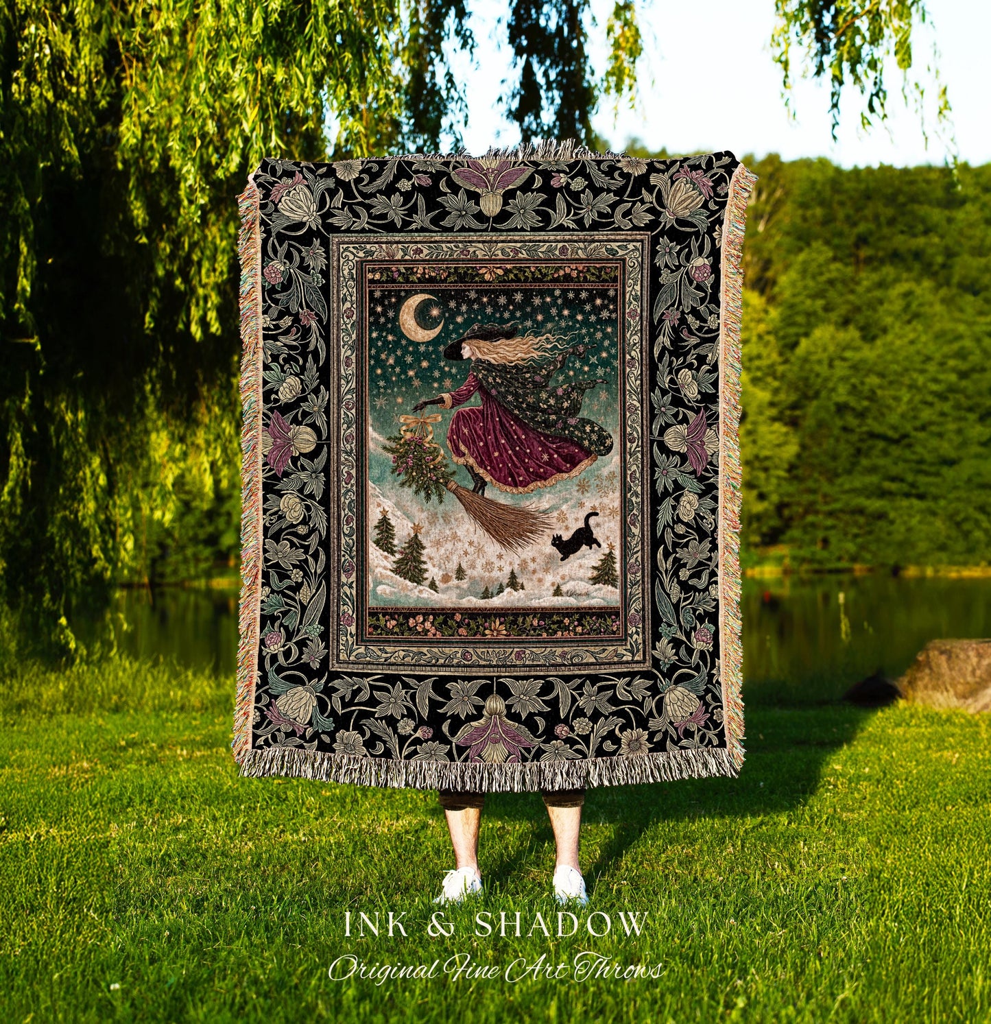 Snowy Moonlit Night Witchy Tapestry | Celestial Cat Gothic Decor Broomstick Ride Whimsigoth Magic Cottagecore Folk Aesthetic Throw Blanket