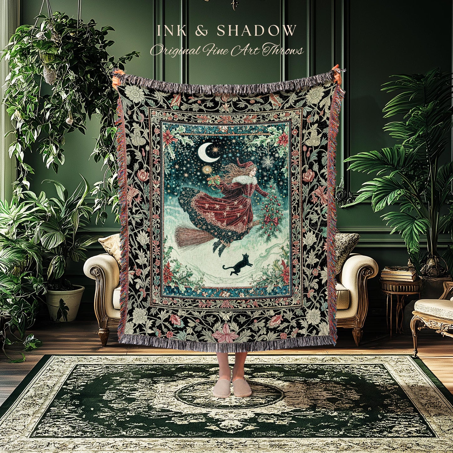 Wonderland Witch Boho Throw Blanket | Mystic Gothic Art Black Cat Folk Magic Broomstick Whimsigoth Cottagecore Woven Tapestry Moon Stars |