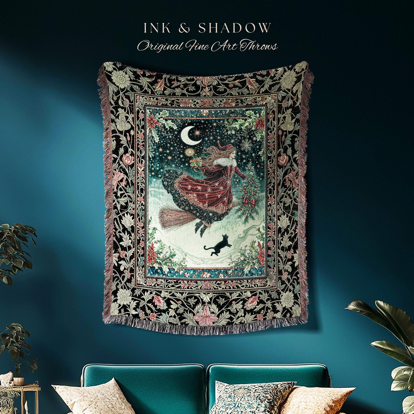 Wonderland Witch Boho Throw Blanket | Mystic Gothic Art Black Cat Folk Magic Broomstick Whimsigoth Cottagecore Woven Tapestry Moon Stars |